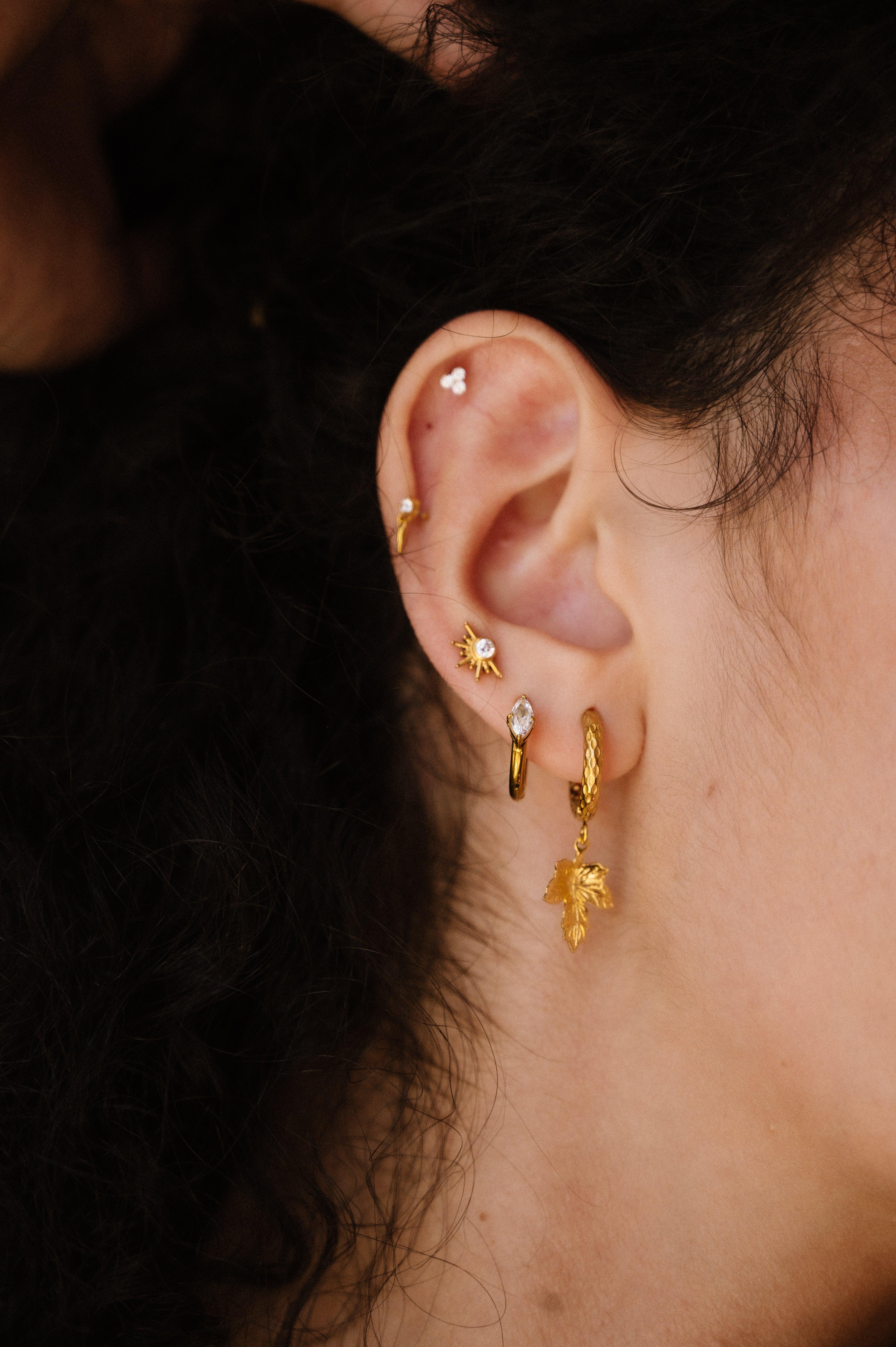 Close-up of an ear with gold earrings against a blurred background