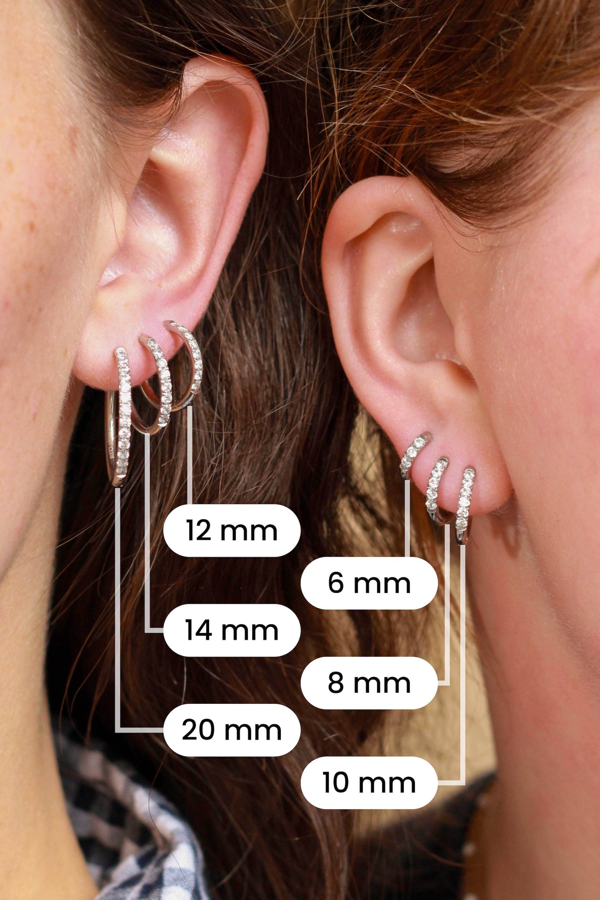 Comparison of 6 different sizes of silver hoops on the ears of 2 models.