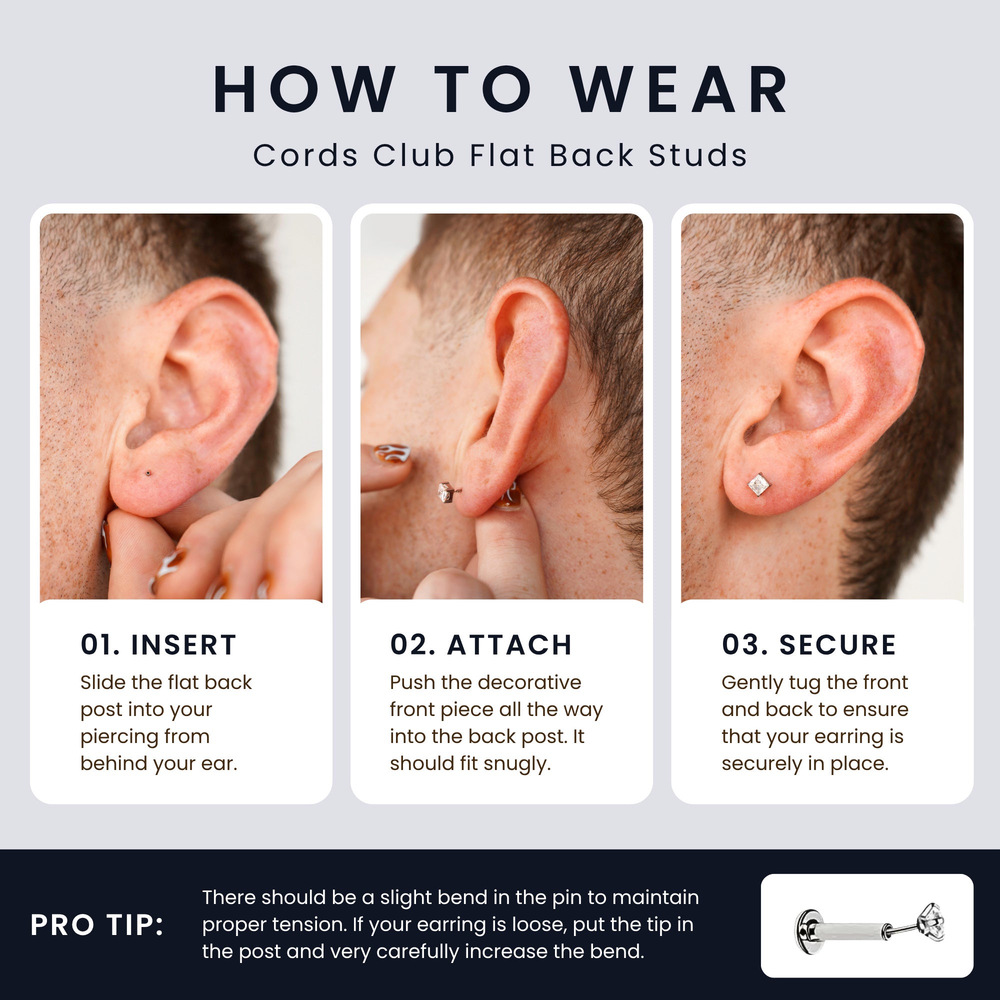 Instructional graphic titled 'HOW TO WEAR' showing three panels with close-up photos that illustrate steps and text: insert, attach, secure, plus a pro tip and a small product inset of a threadless labret flat back stud earring.