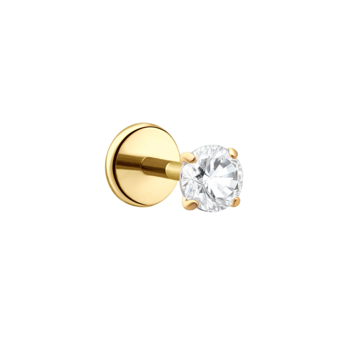 A single gold stud earring featuring a round brilliant-cut clear CZ stone in a four-prong setting, shown against a solid white background.
