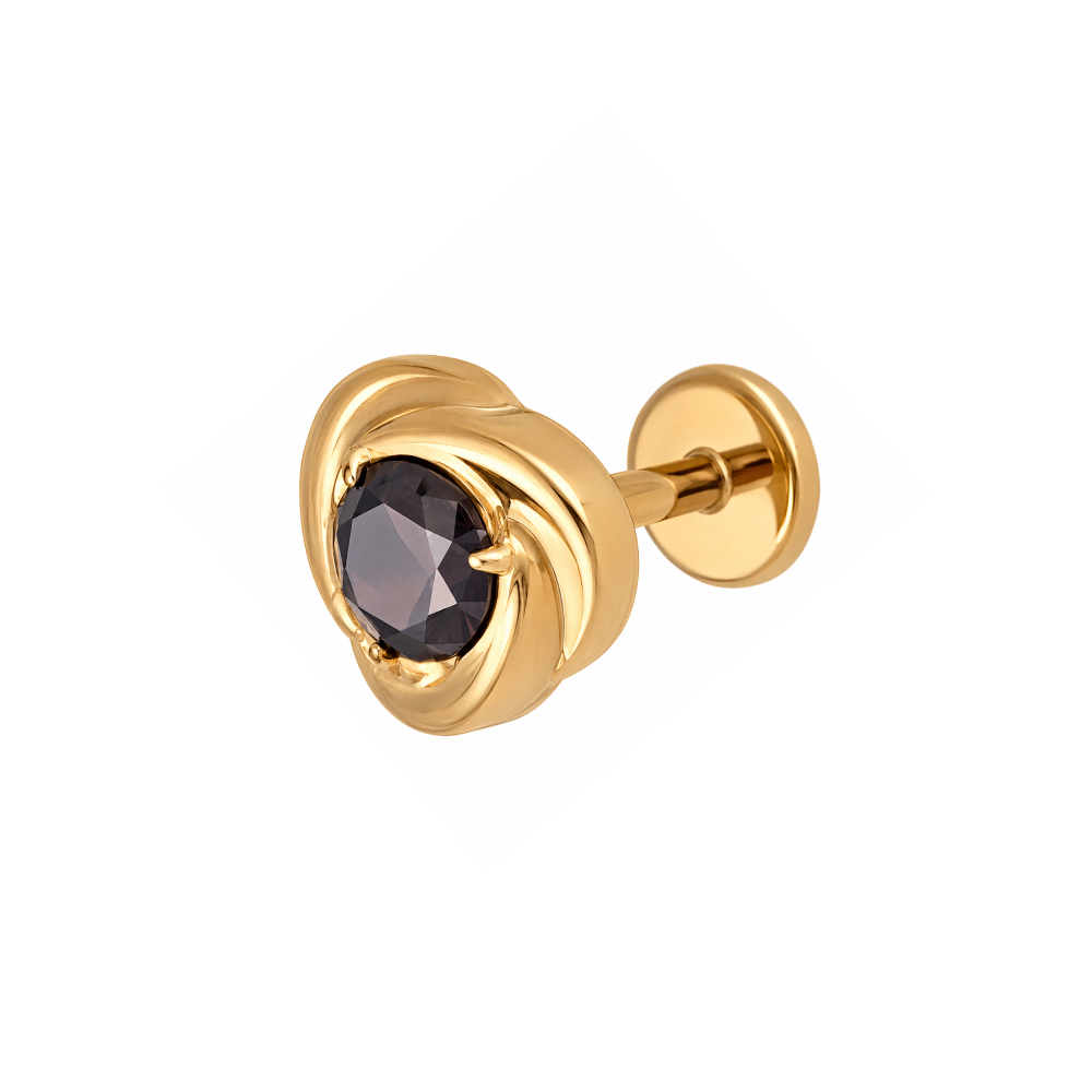 A gold flat back stud stud earring featuring a faceted dark brown round gemstone, shown on a plain white background.