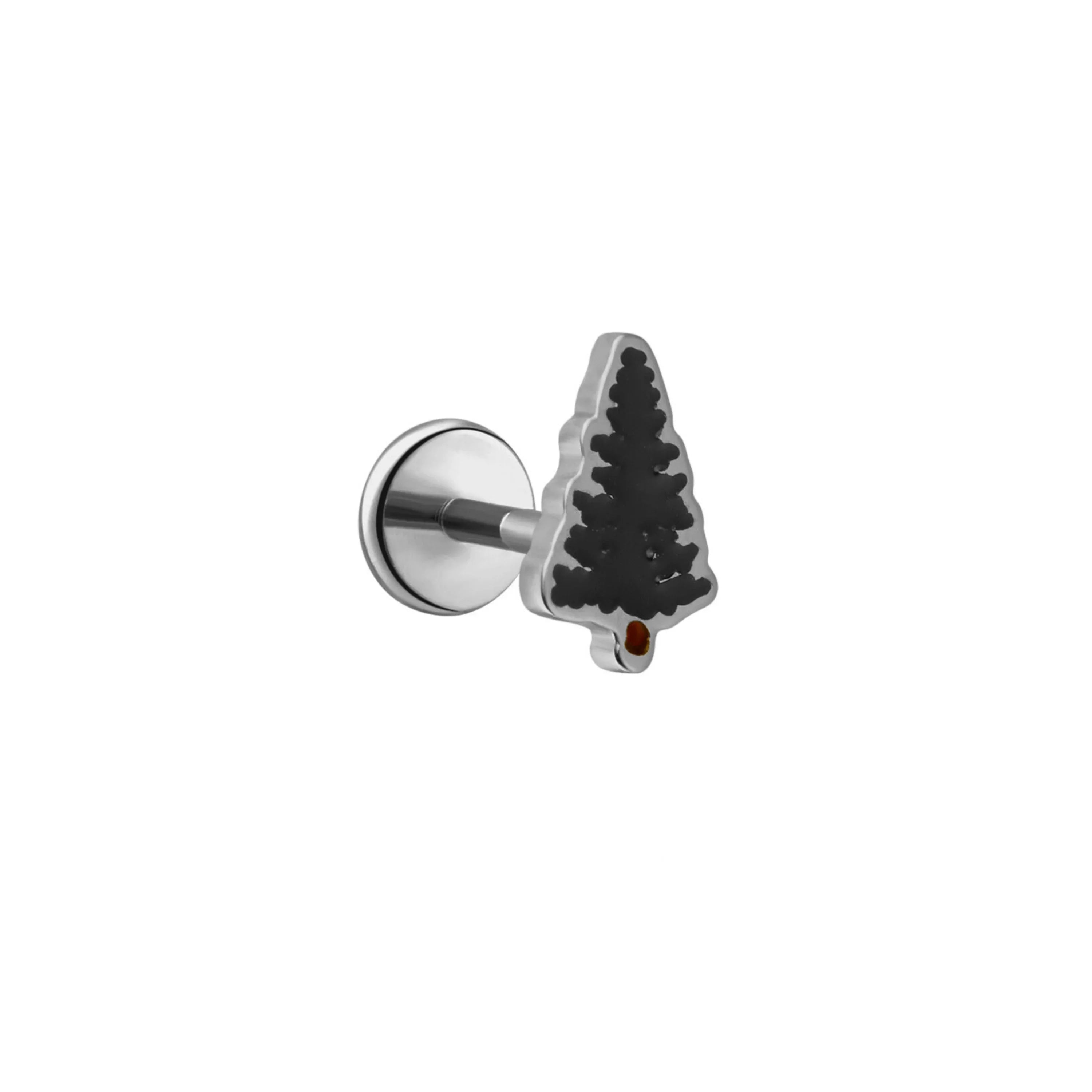 Silver-colored earring with dark green pine tree design on a white background