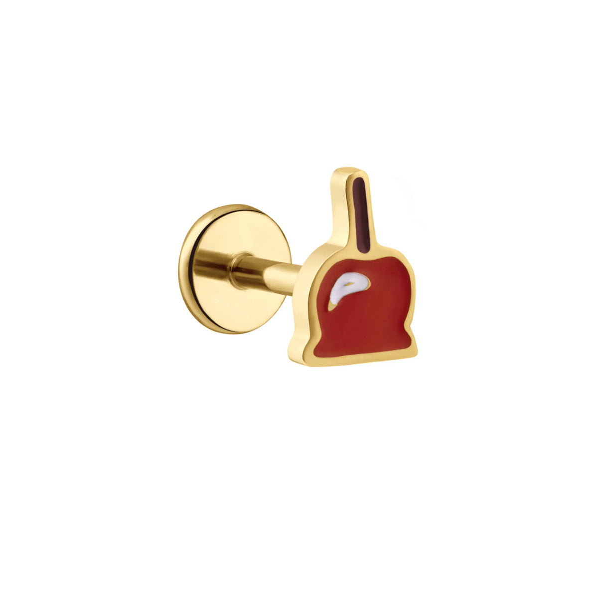 Gold flat back stud earring shaped like a candied apple, with red, brown, and white enamel on a white background