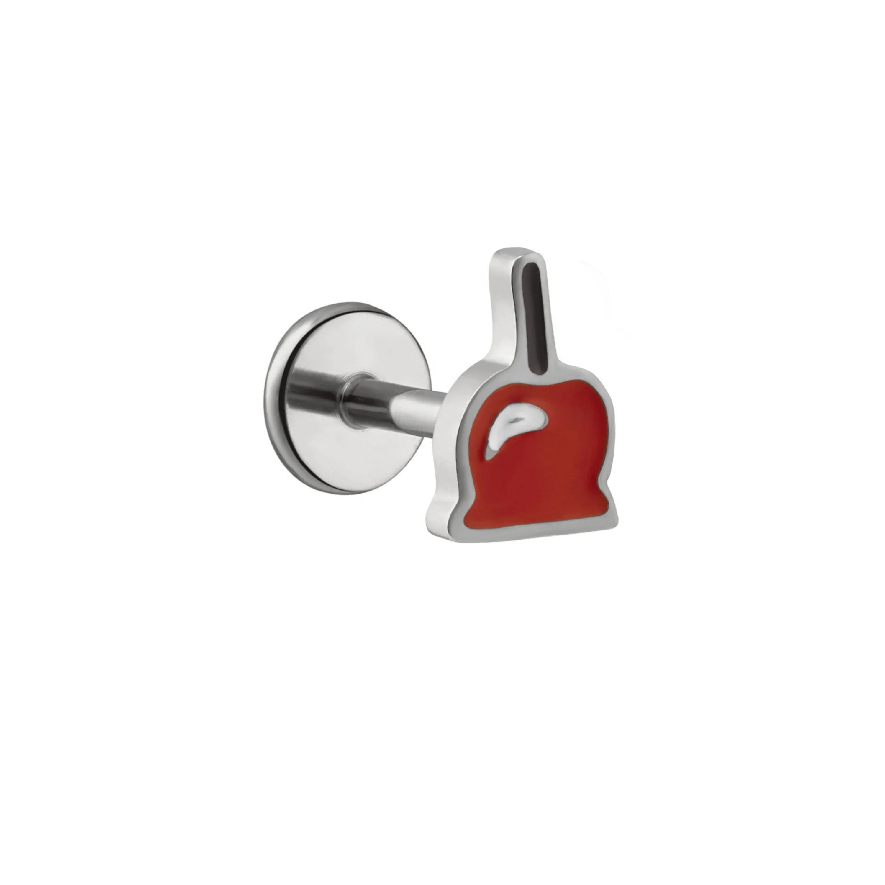 Silver metal flat back stud earring shaped like a candied apple, with red, brown, and white enamel on a white background