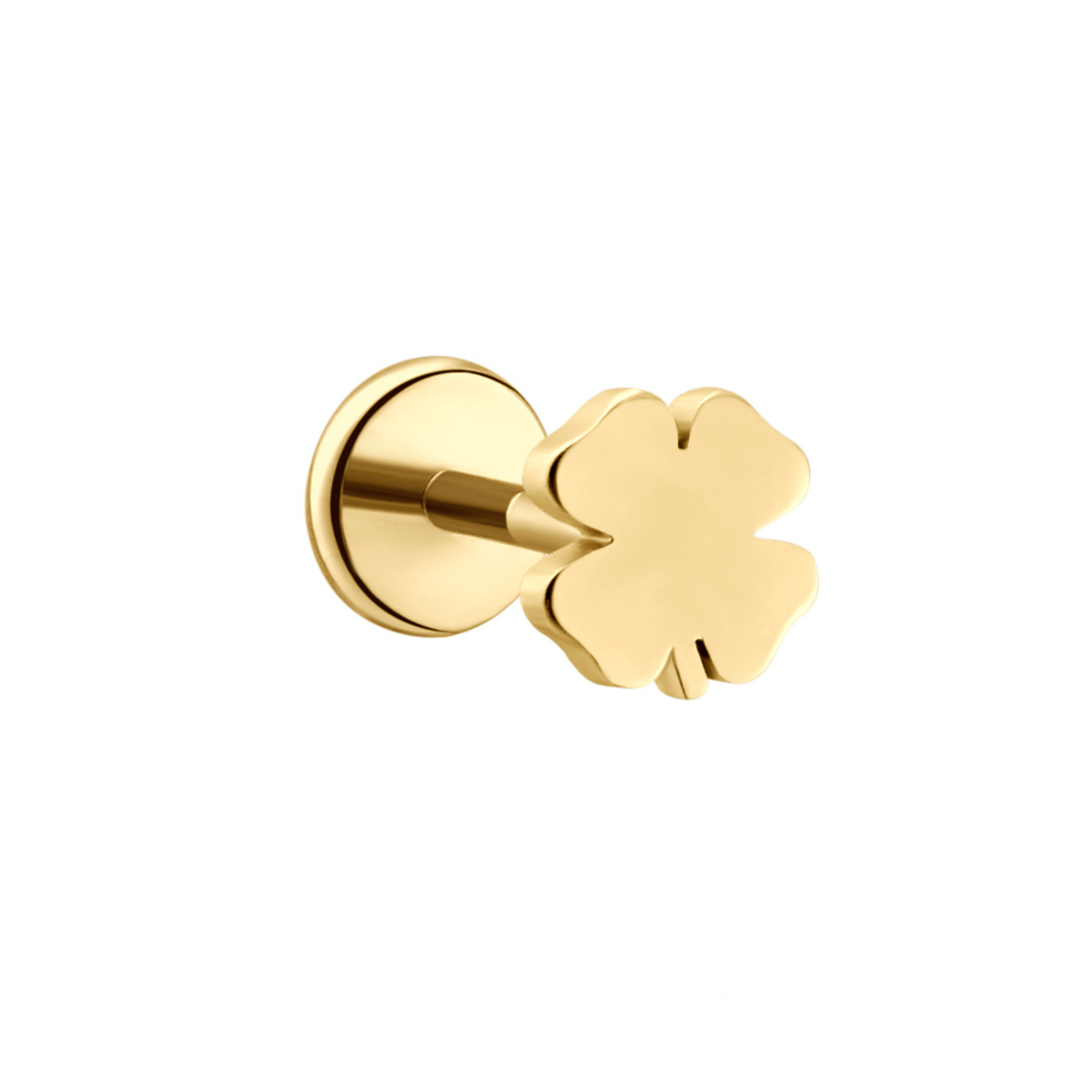 Gold four-leaf clover-shaped flat back stud earring on a white background