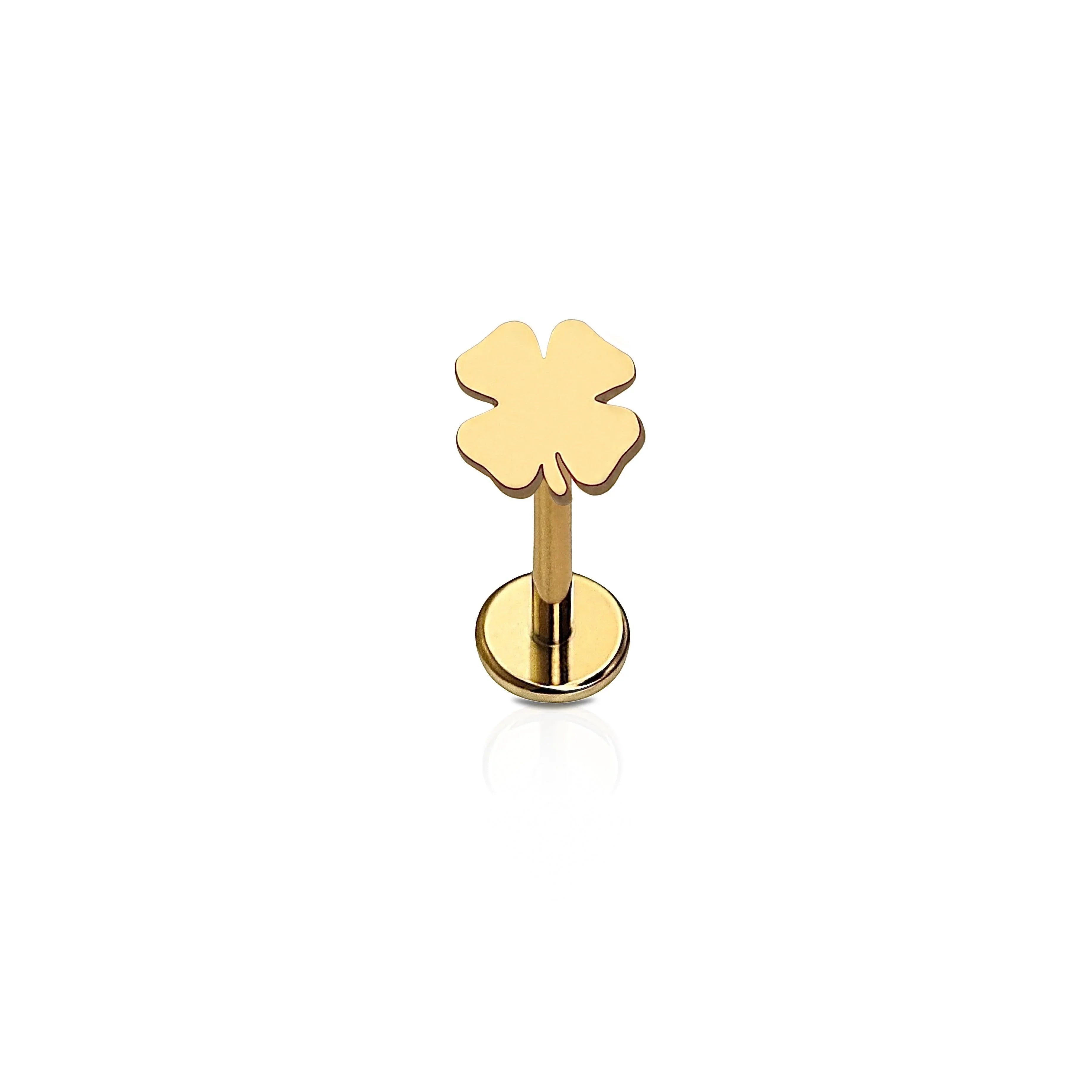 Gold four-leaf clover-shaped flat back stud earring on a white background