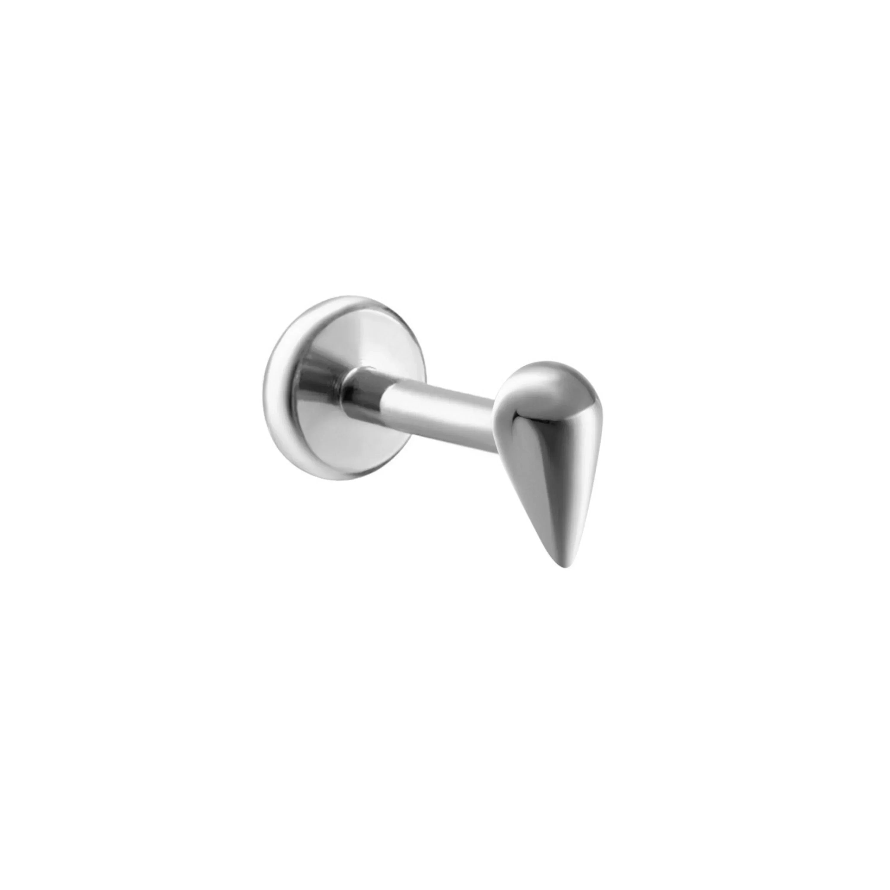 Close up of a silver titanium flat back stud with a 3D teardrop shape.