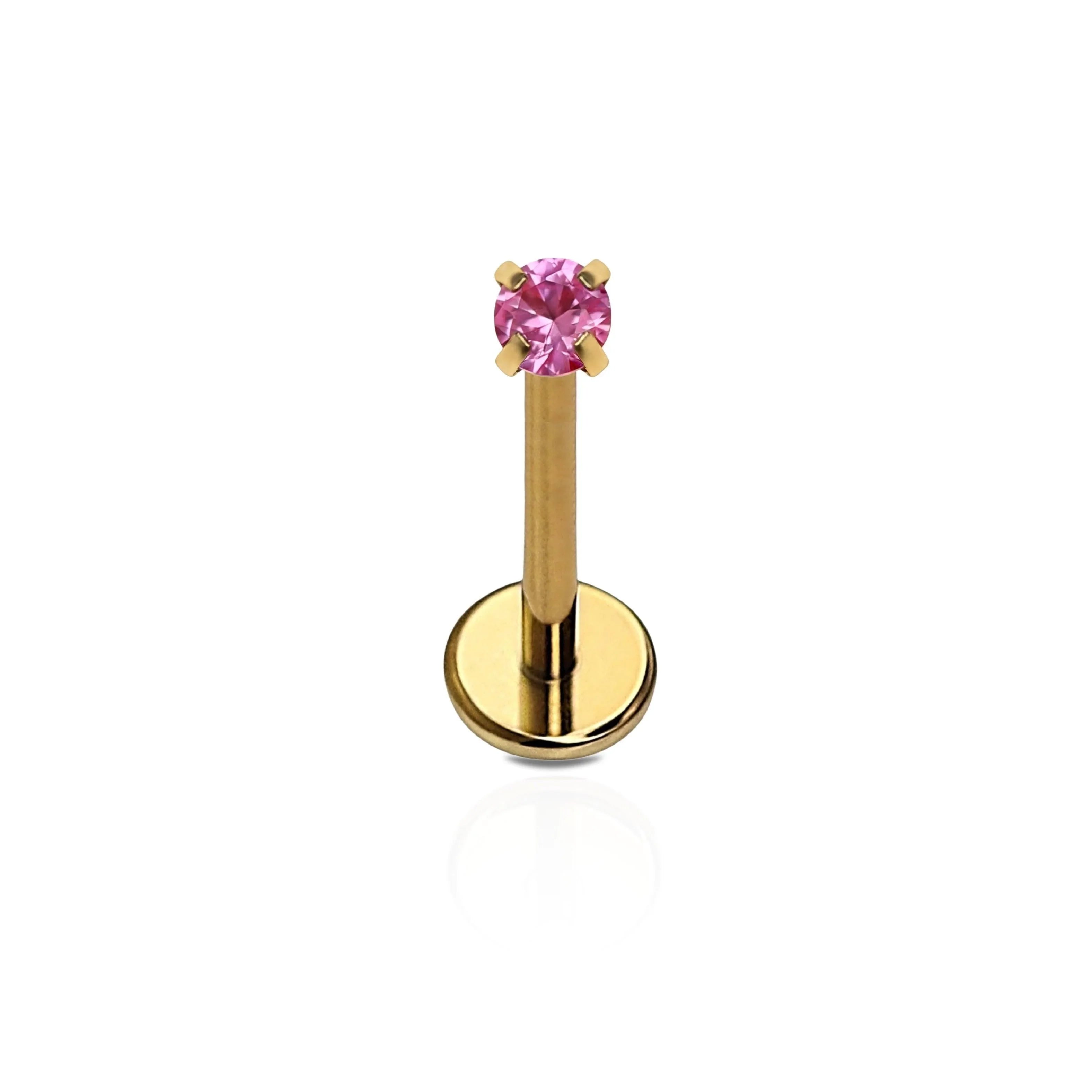 A single 18k gold PVD plated ASTM F136 implant grade titanium push-pin flat back stud with a pink zirconia stone, displayed against a white background.