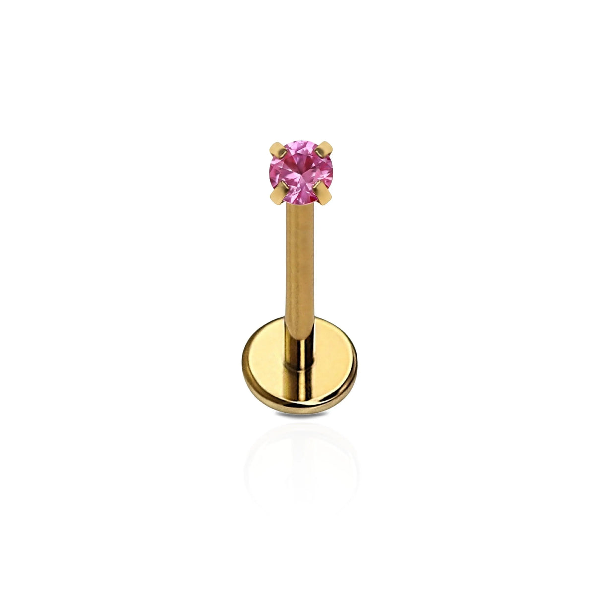 A single 18k gold PVD plated ASTM F136 implant grade titanium push-pin flat back stud with a pink zirconia stone, displayed against a white background.
