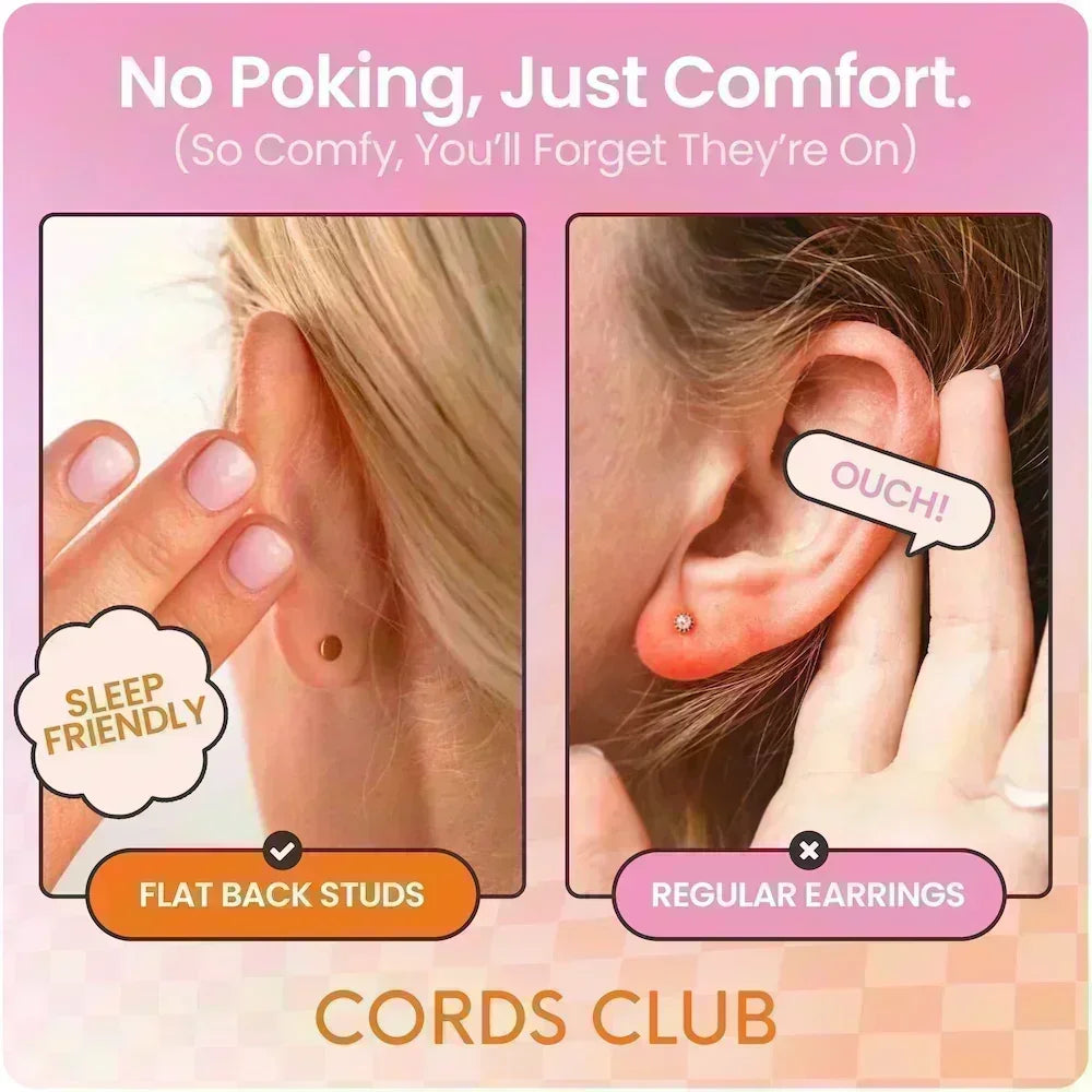 An advertisement image showcasing two types of earrings; one with a flat back stud that is sleep-friendly and another with a regular backing that is not. The image highlights the comfort of the studs with text 'No Poking, Just Comfort.