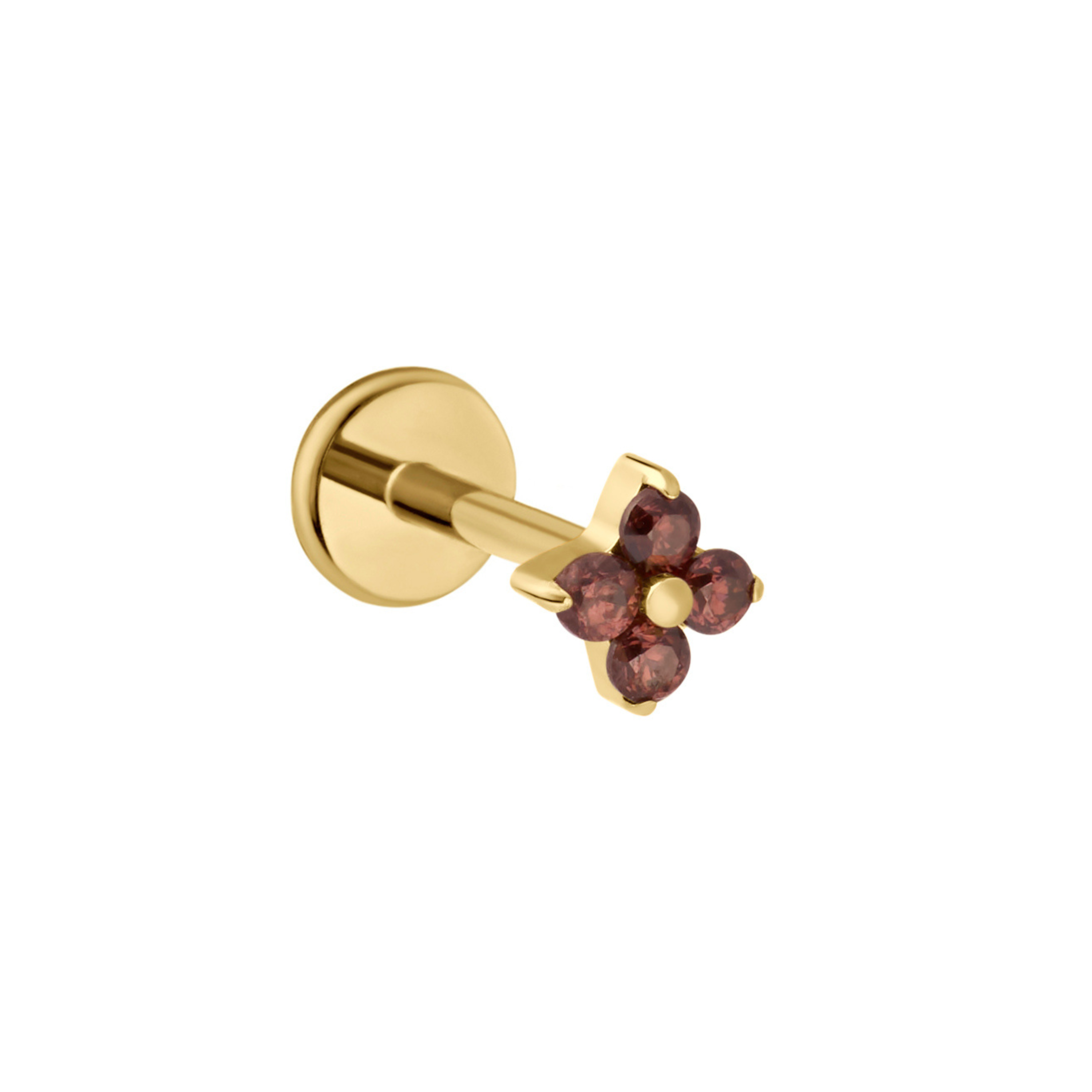 A gold flat-back labret stud earring featuring a five-petal flower design with faceted brown gemstones and a gold center ball, shown on a plain white background.