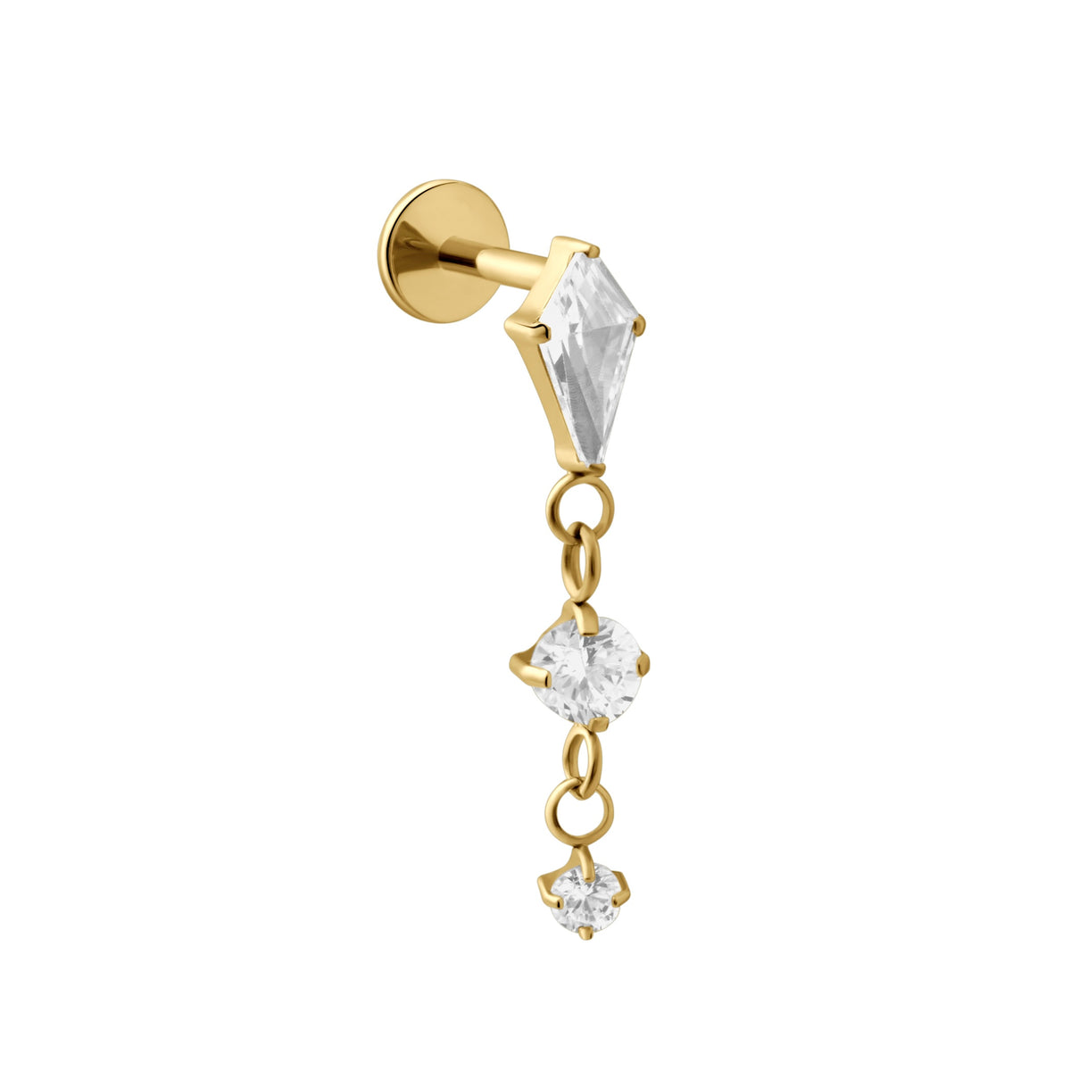 Gold dangle flat back stud earring with 3 clear gemstones, connected on a chain on a white background