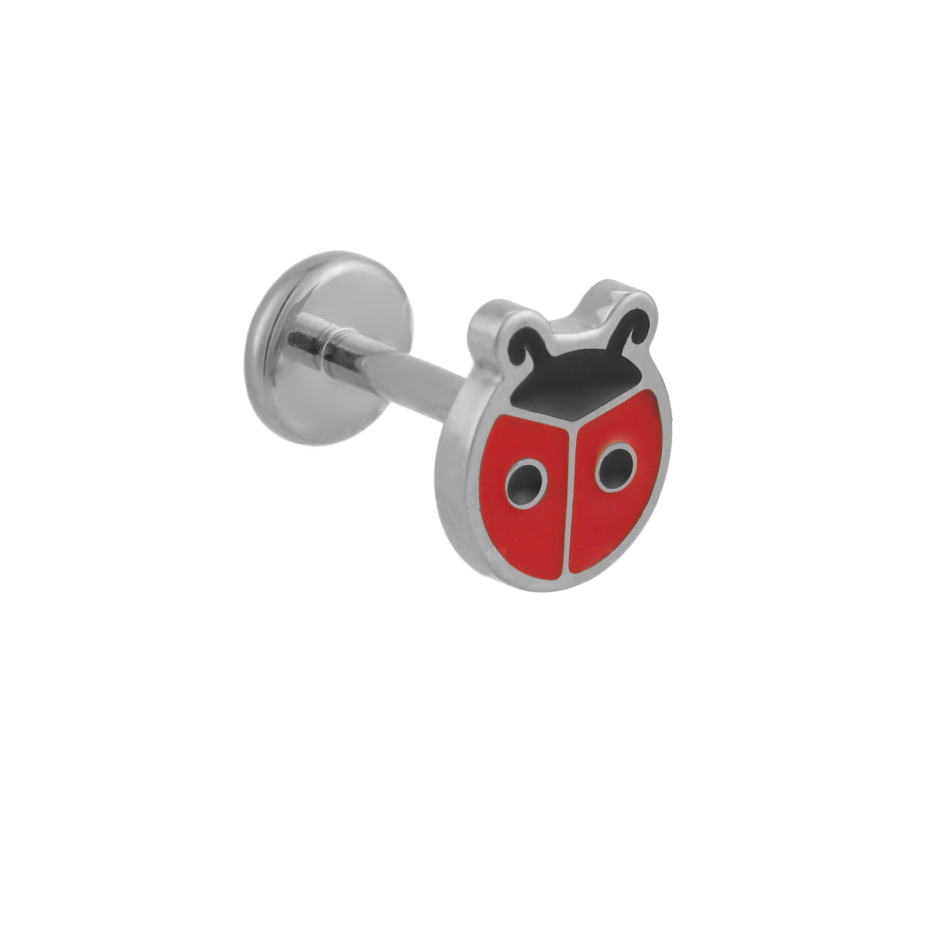 A close up of a ladybug shaped flat back stud with red enamel and titanium metal on a white background