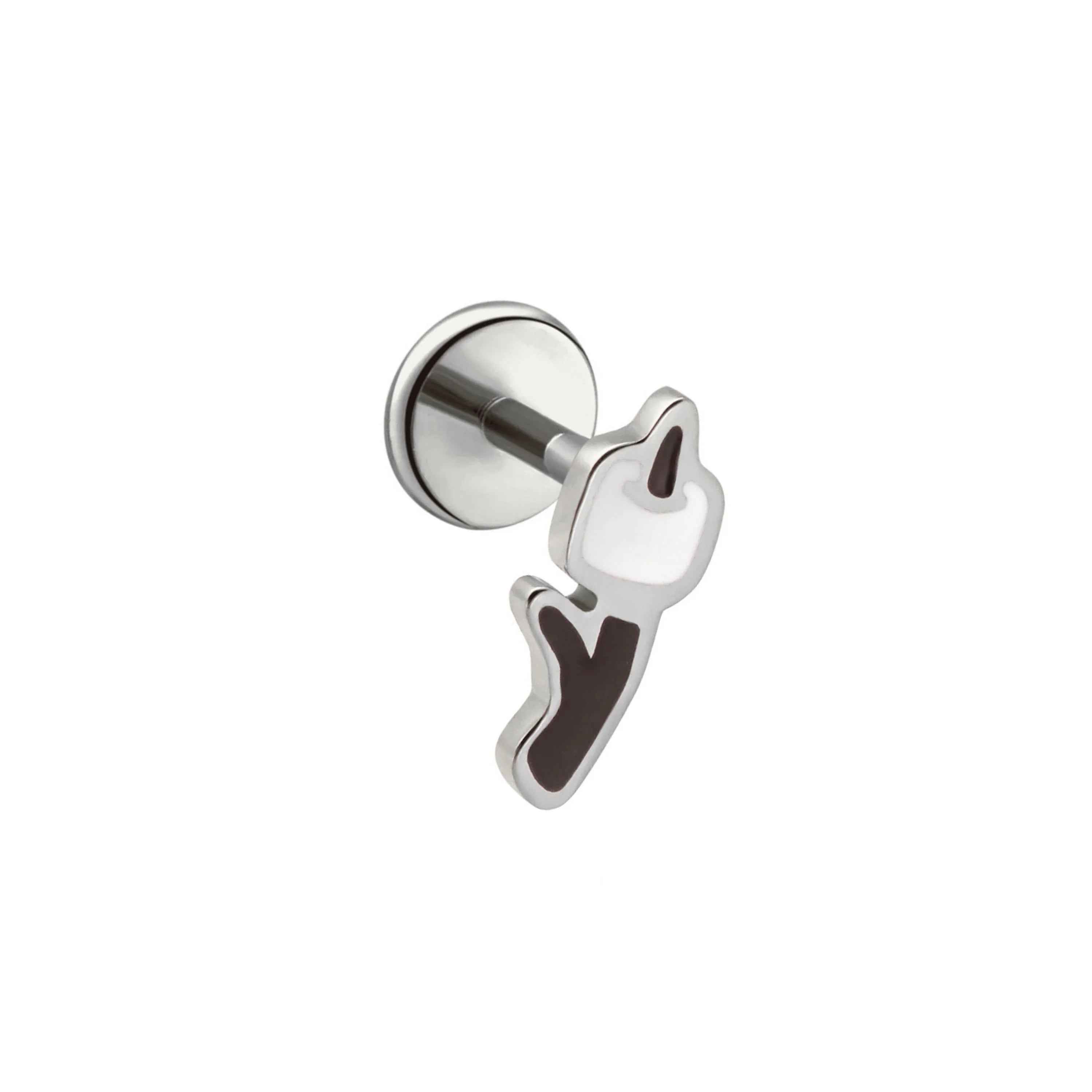 Silver-colored flat back stud earring with a brown and white enamel design that looks like a marshmallow on a stick, on a white background