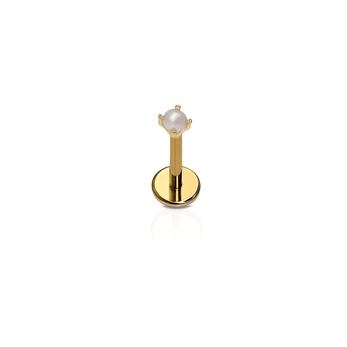 Gold flat back stud with a synthetic, prong-set pearl on a white background