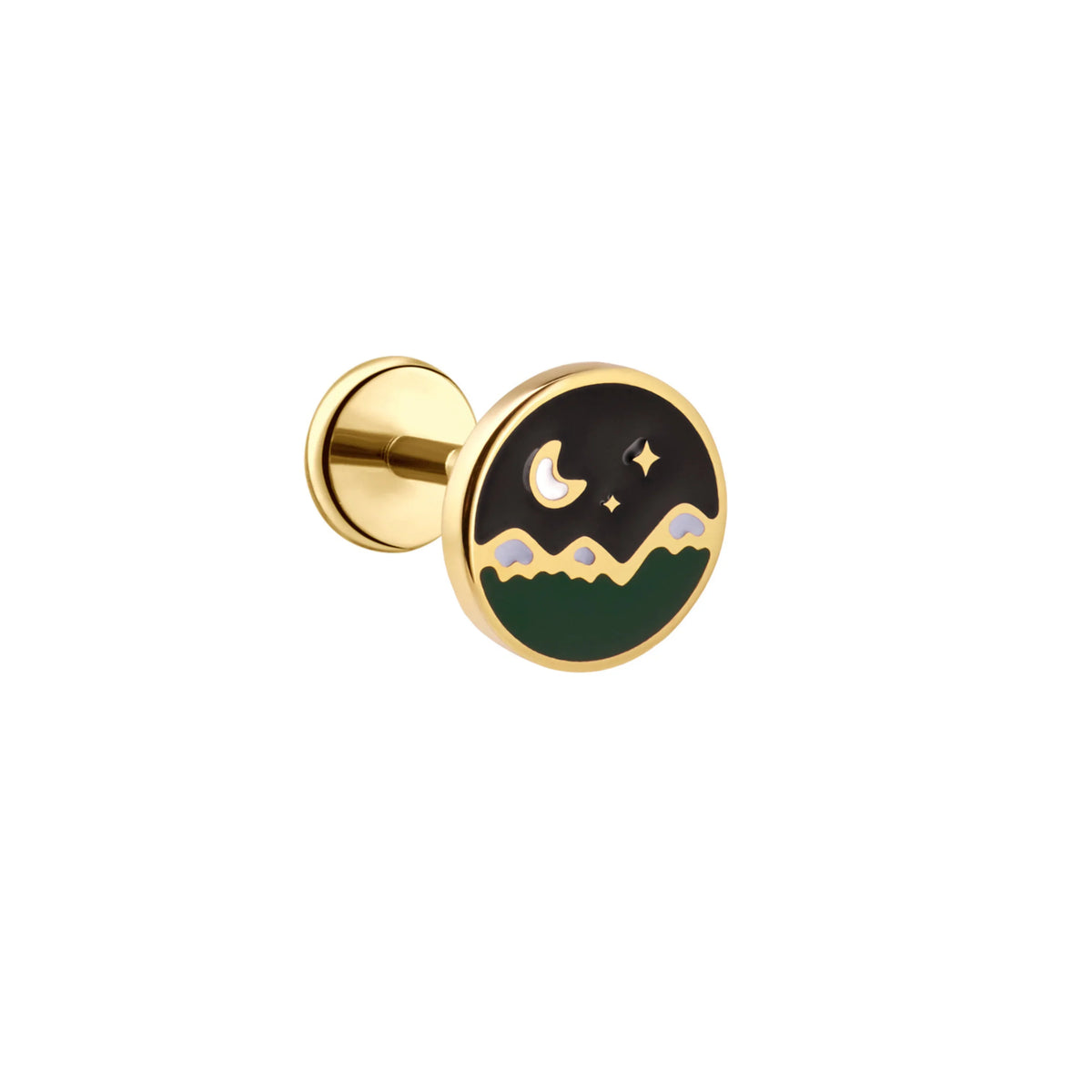 Gold plated titanium and enamel flat back stud earring with moon, stars, and mountain silhouette design on a black background.