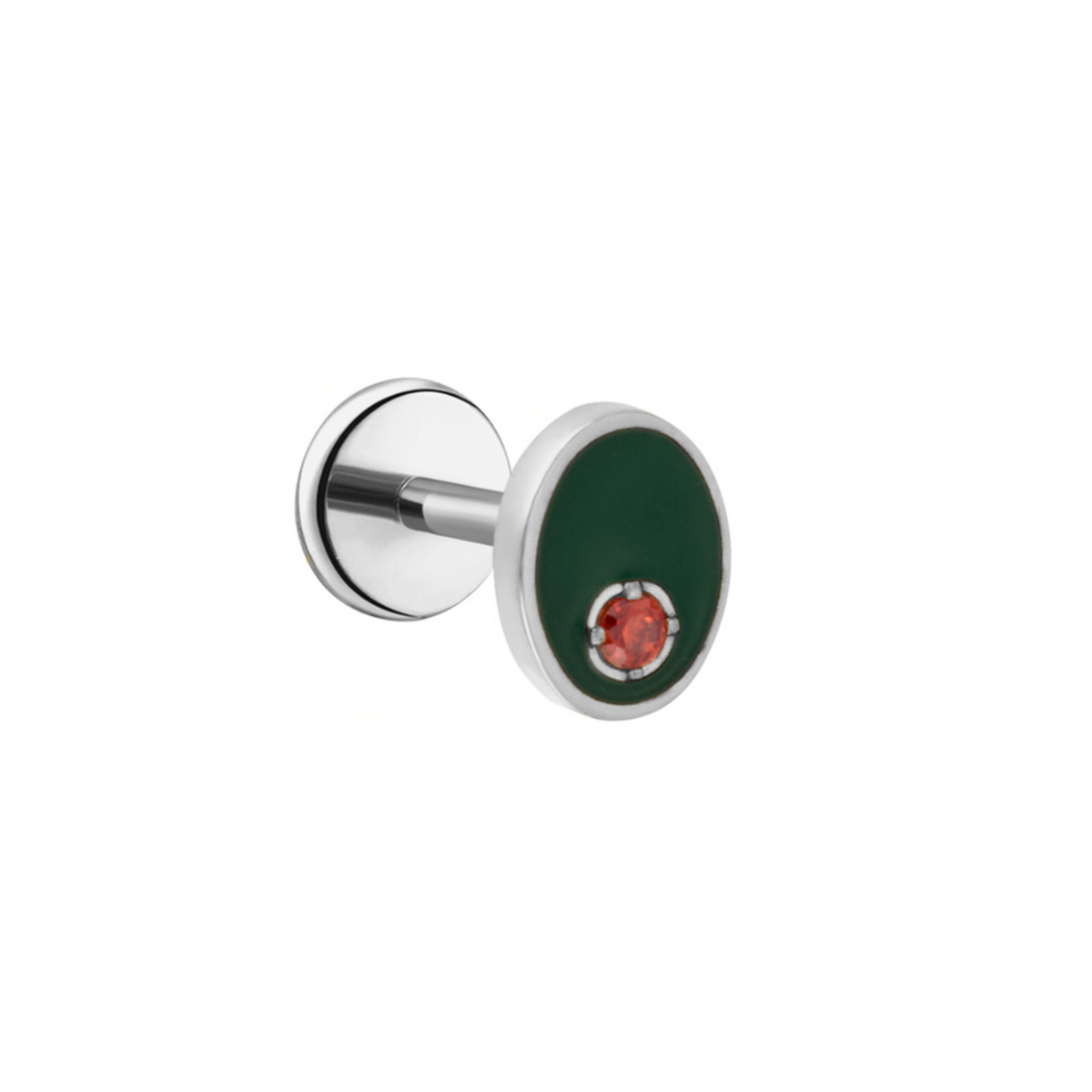 Silver titanium earring with green enamel olive and red gemstone on a white background