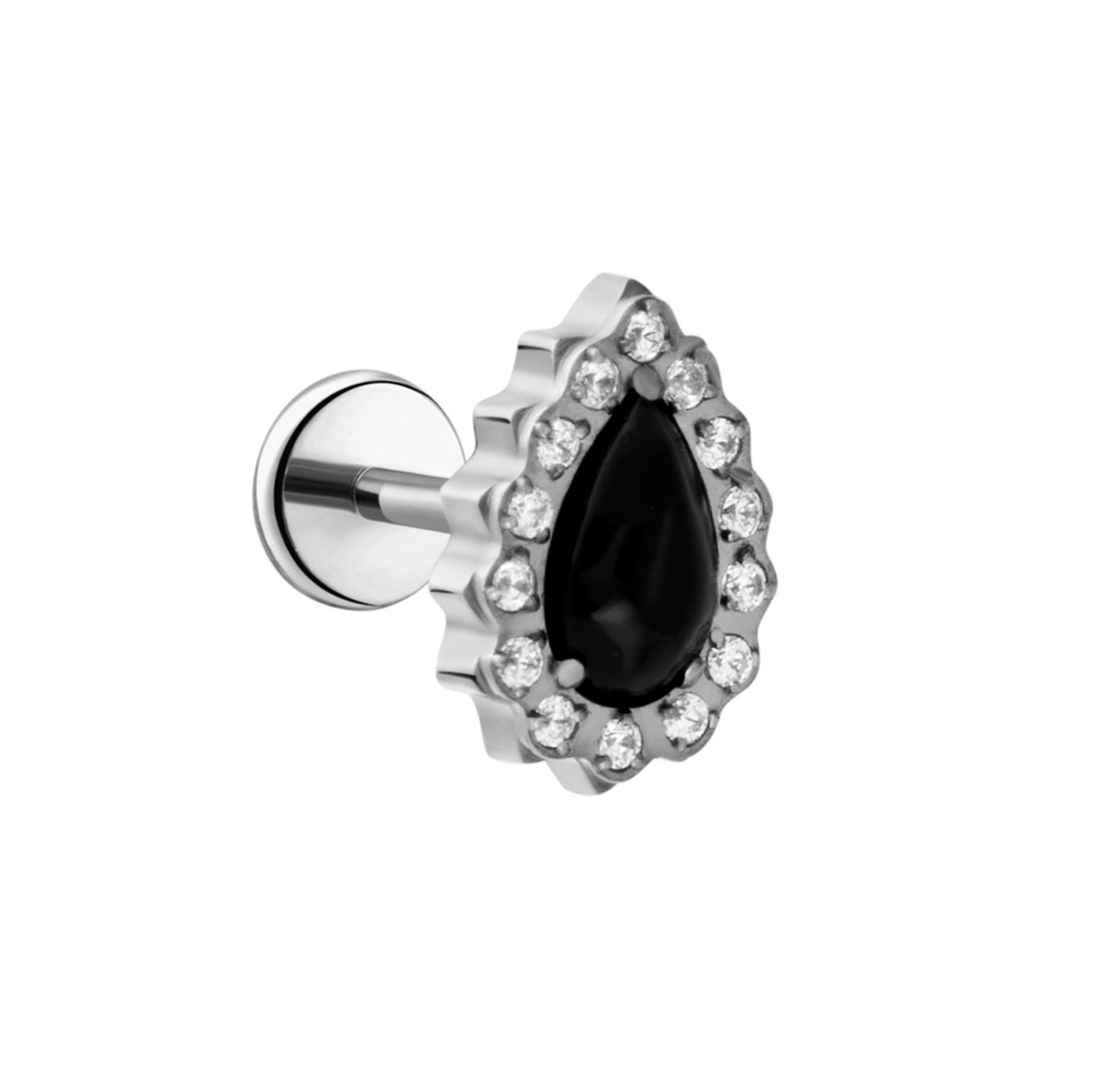 Silver titanium labret earring with a black onyx teardrop gem and clear stones surround on a white background