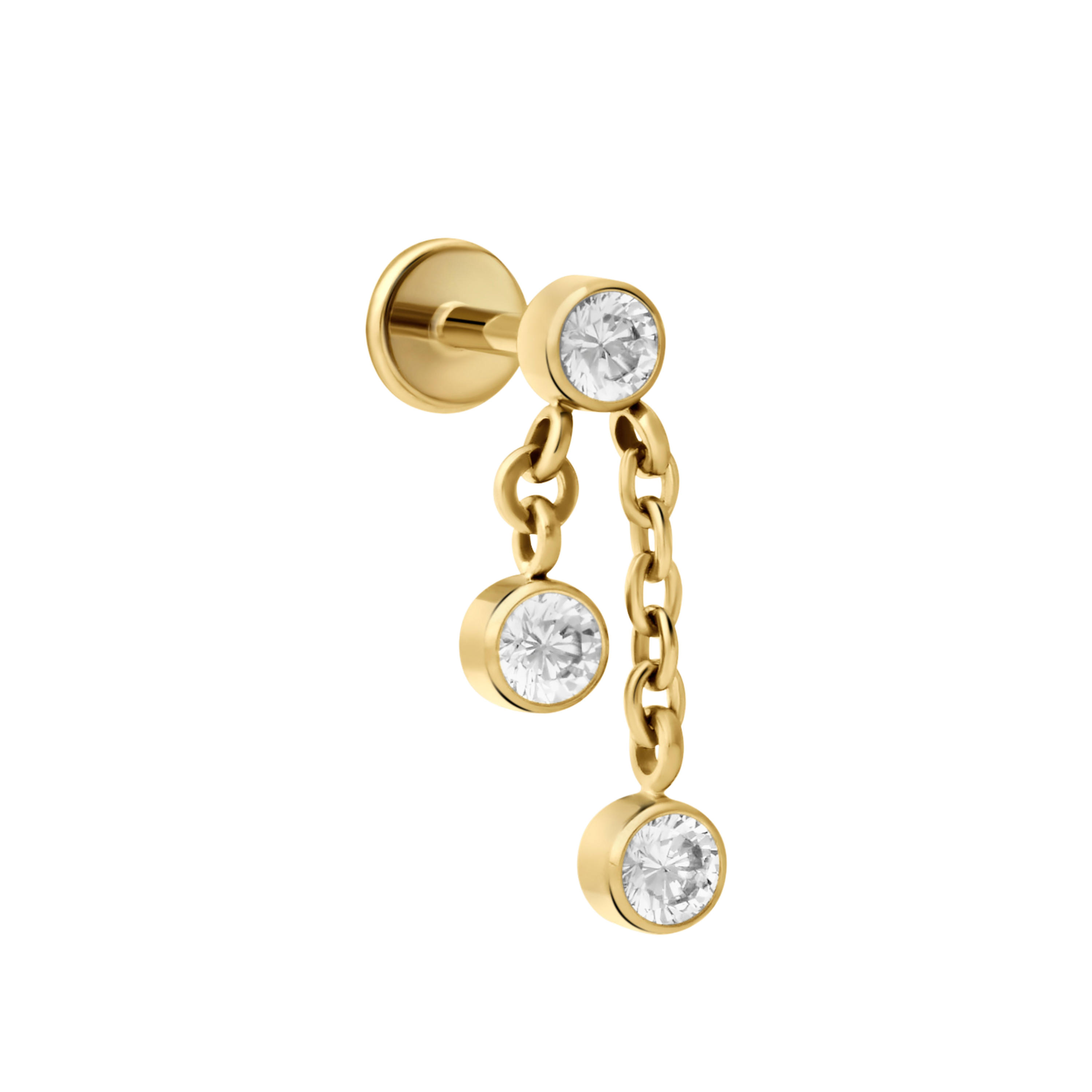 Close up of push-pin style flat back stud made from ASTM F136 Implant Grade Titanium, plated with18K gold pvd plating. The flat back stud design is a bezel-set round zirconia stone, clear in color. 2 additional stones of the same color and design dangle off of 2 chains, one short, one long, that hang from the main stone.