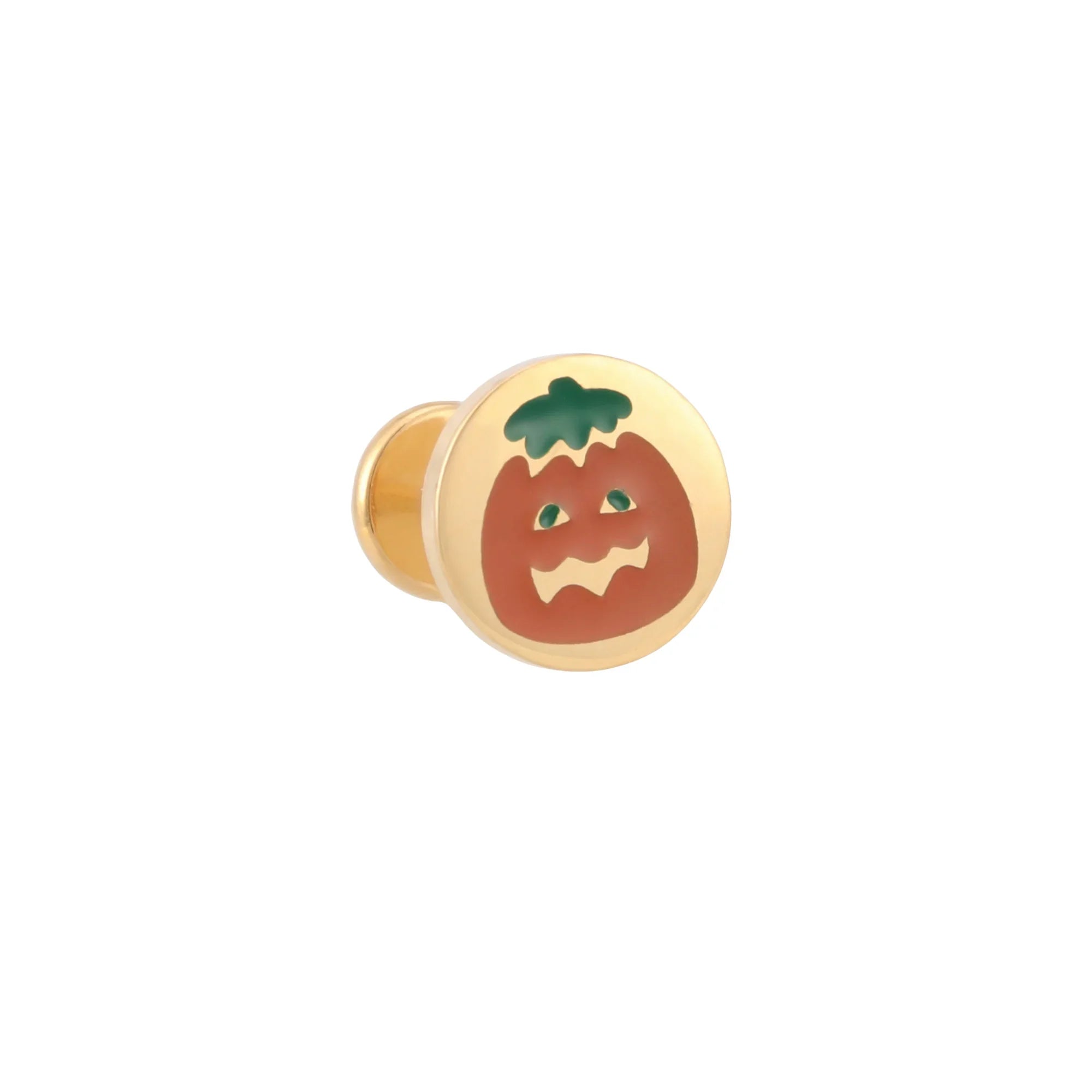 A flat back stud with a gold-colored base and an enamel pumpkin design on top.