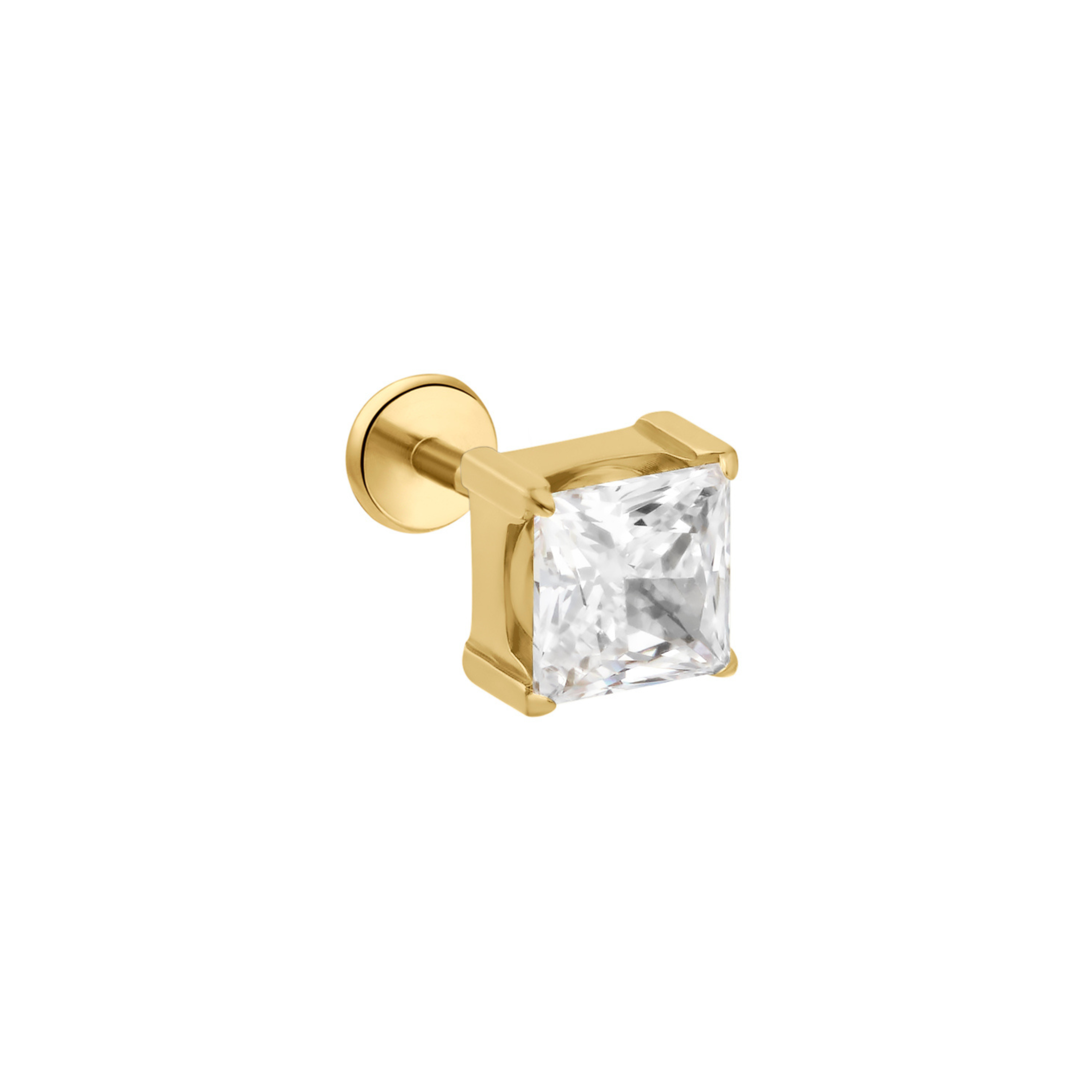 A single gold flat back labret stud earring featuring a clear, square-cut CZ stone in a prong setting, shown against a solid white background.