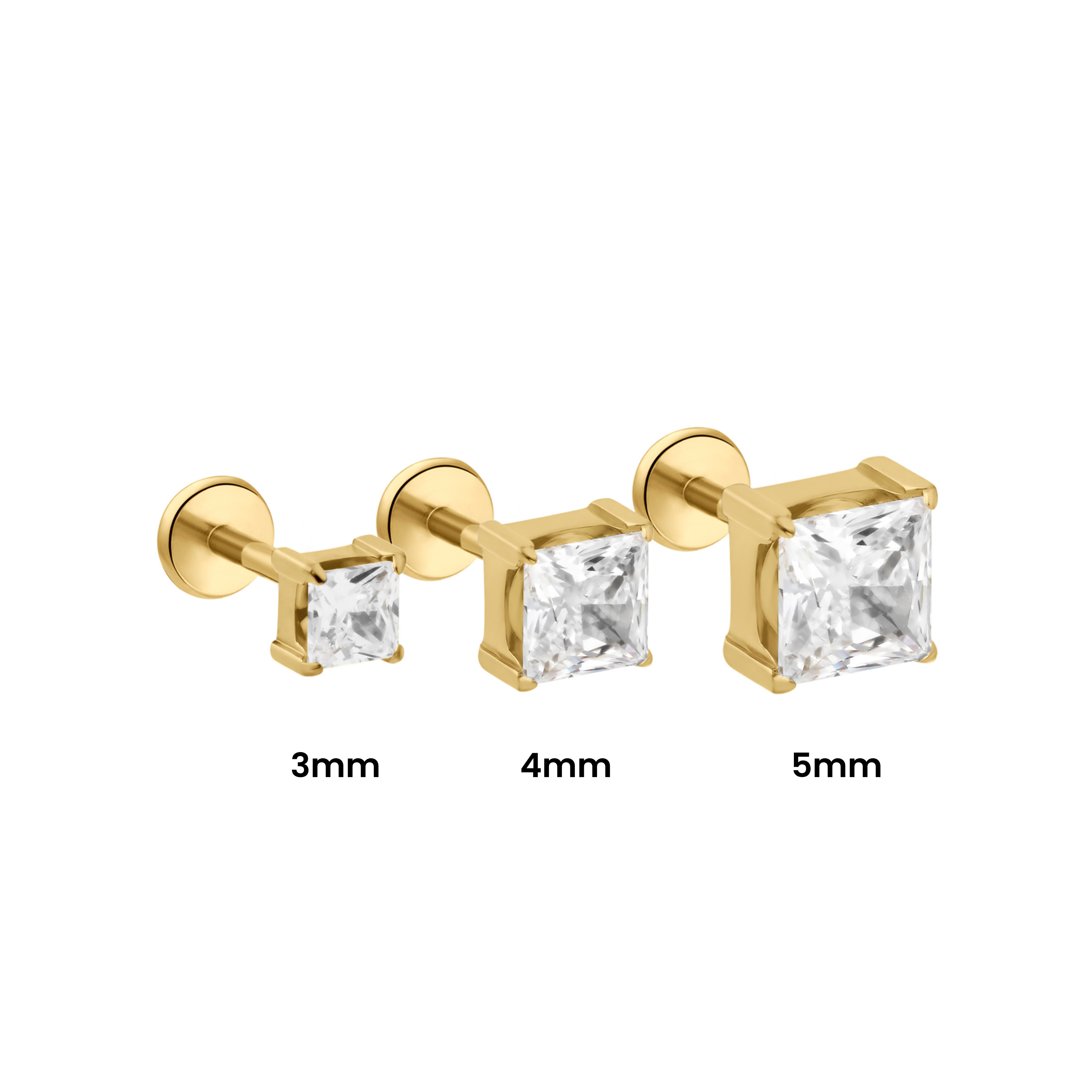 Comparison of sizes for three square-cut, gold-plated titanium flat back labret studs. It features 3mm, 4mm, and 5mm stone size options, shown against a solid white background.
