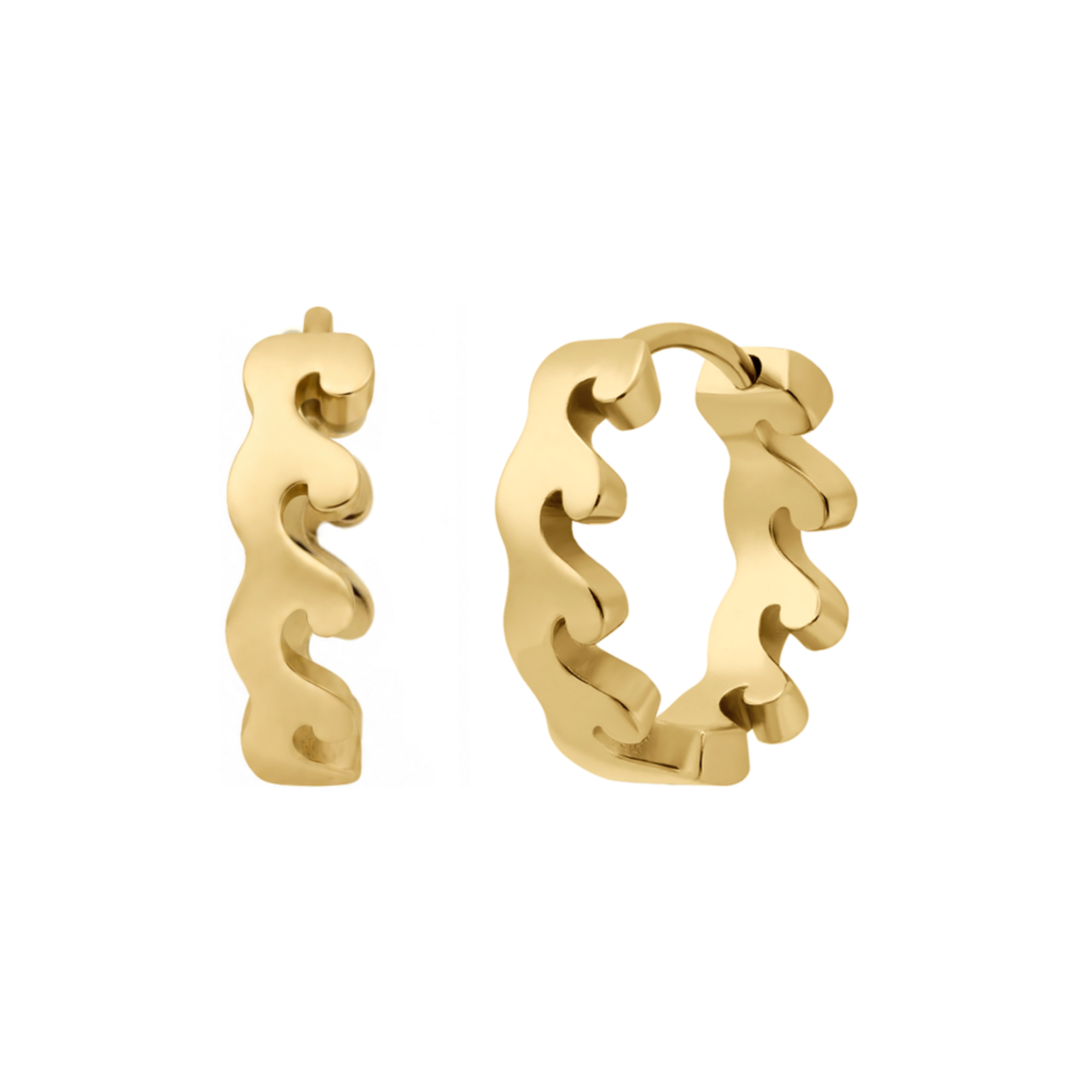 Gold wave-shaped hoop earrings on a white background
