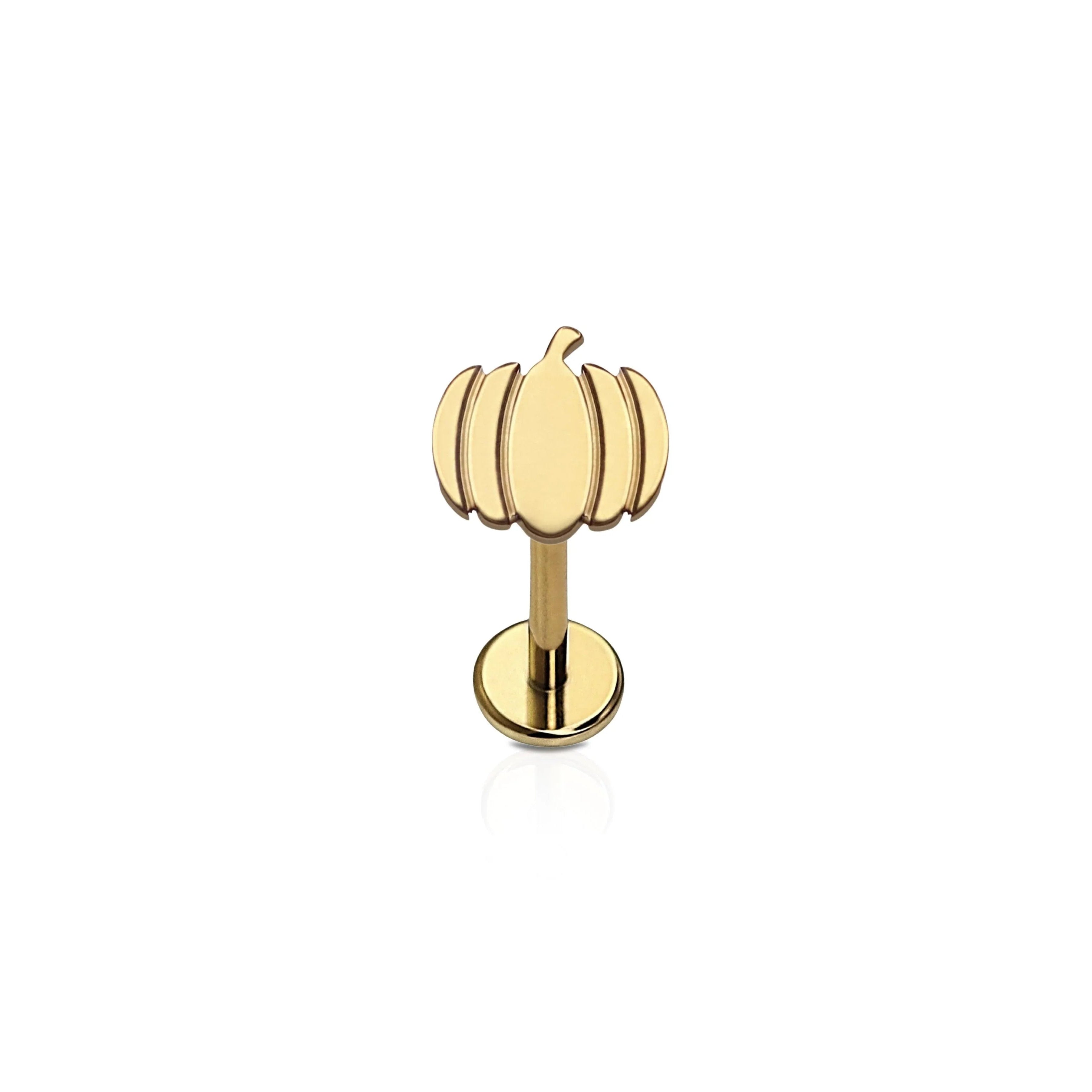 Gold-colored pumpkin-shaped flat back stud earring on a white background