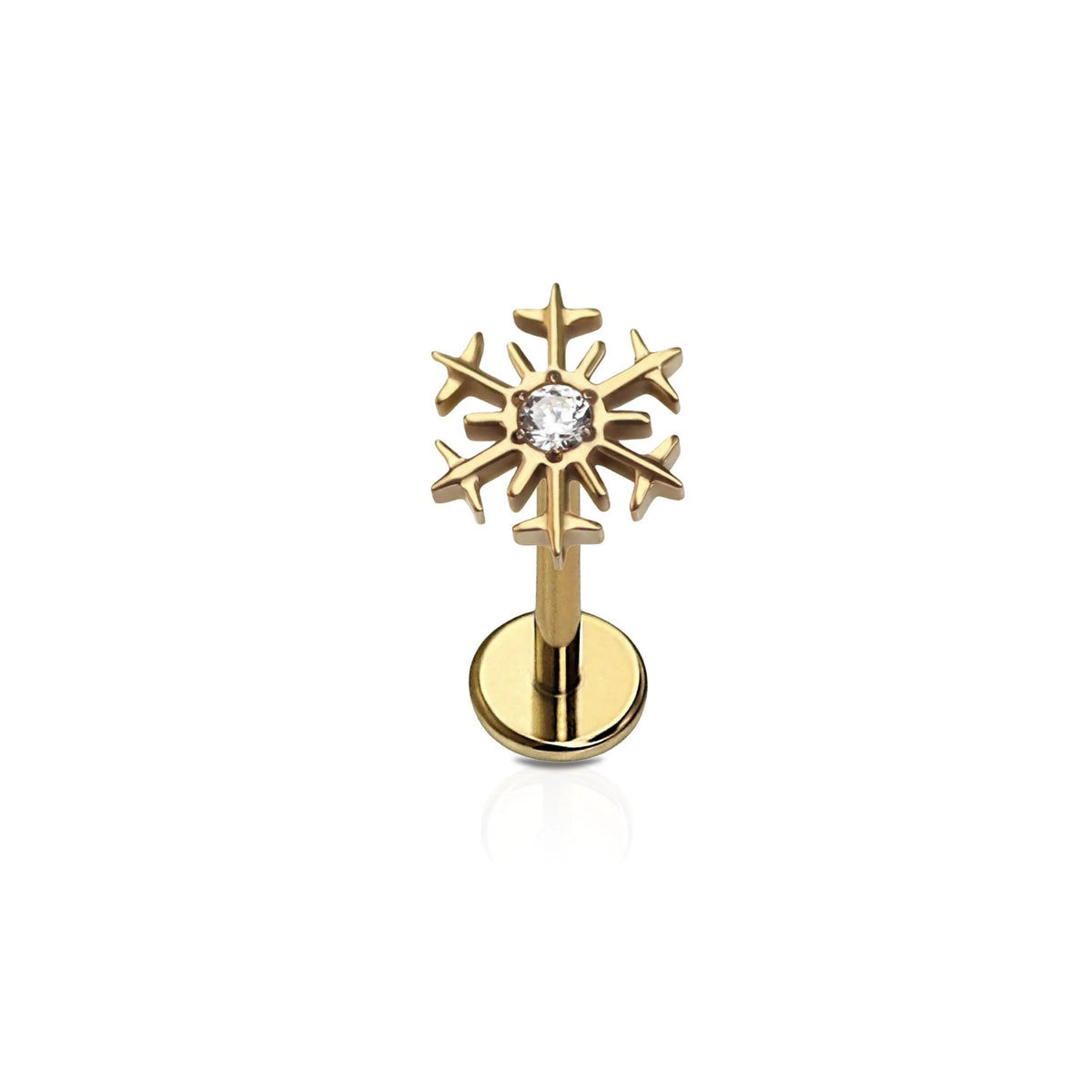 Gold snowflake-shaped flat back stud earring with a central clear gemstone on a white background