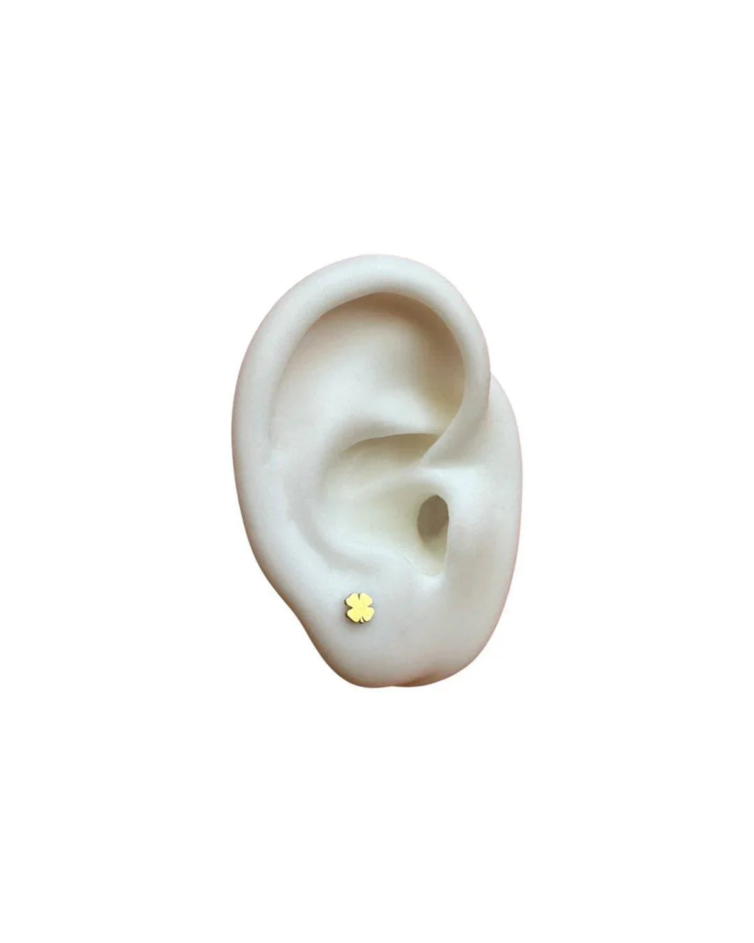 Faux ear with a gold clover stud on it.