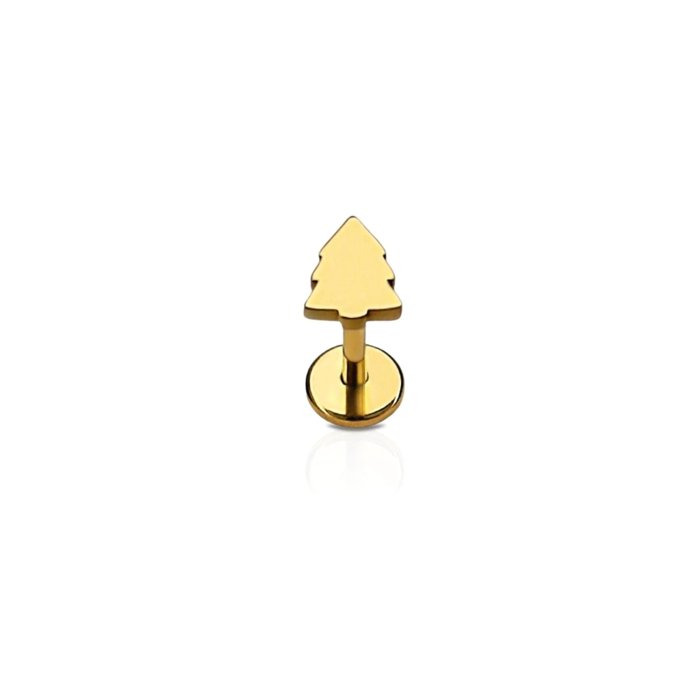 Gold-colored tree-shaped earring on a white background