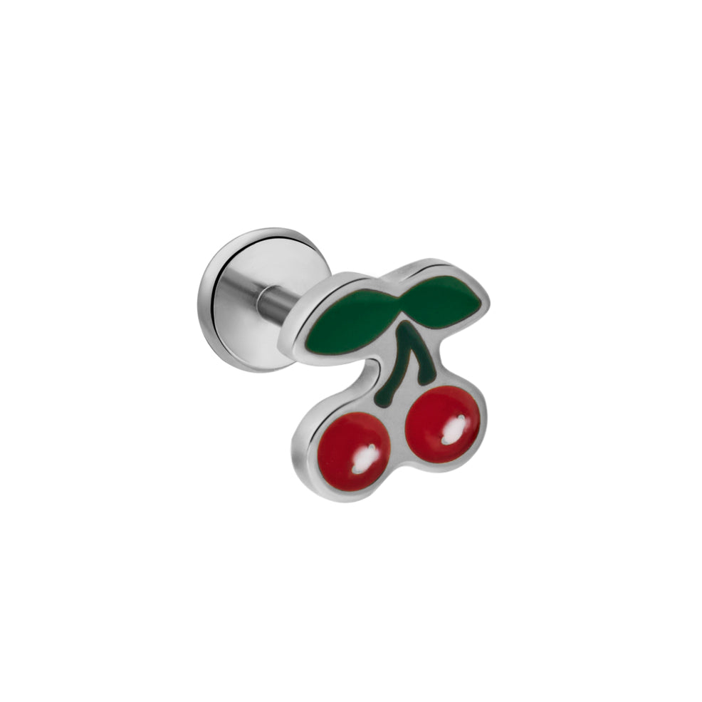 Enamel and titanium silver double-cherry-shaped flat back stud on a white background