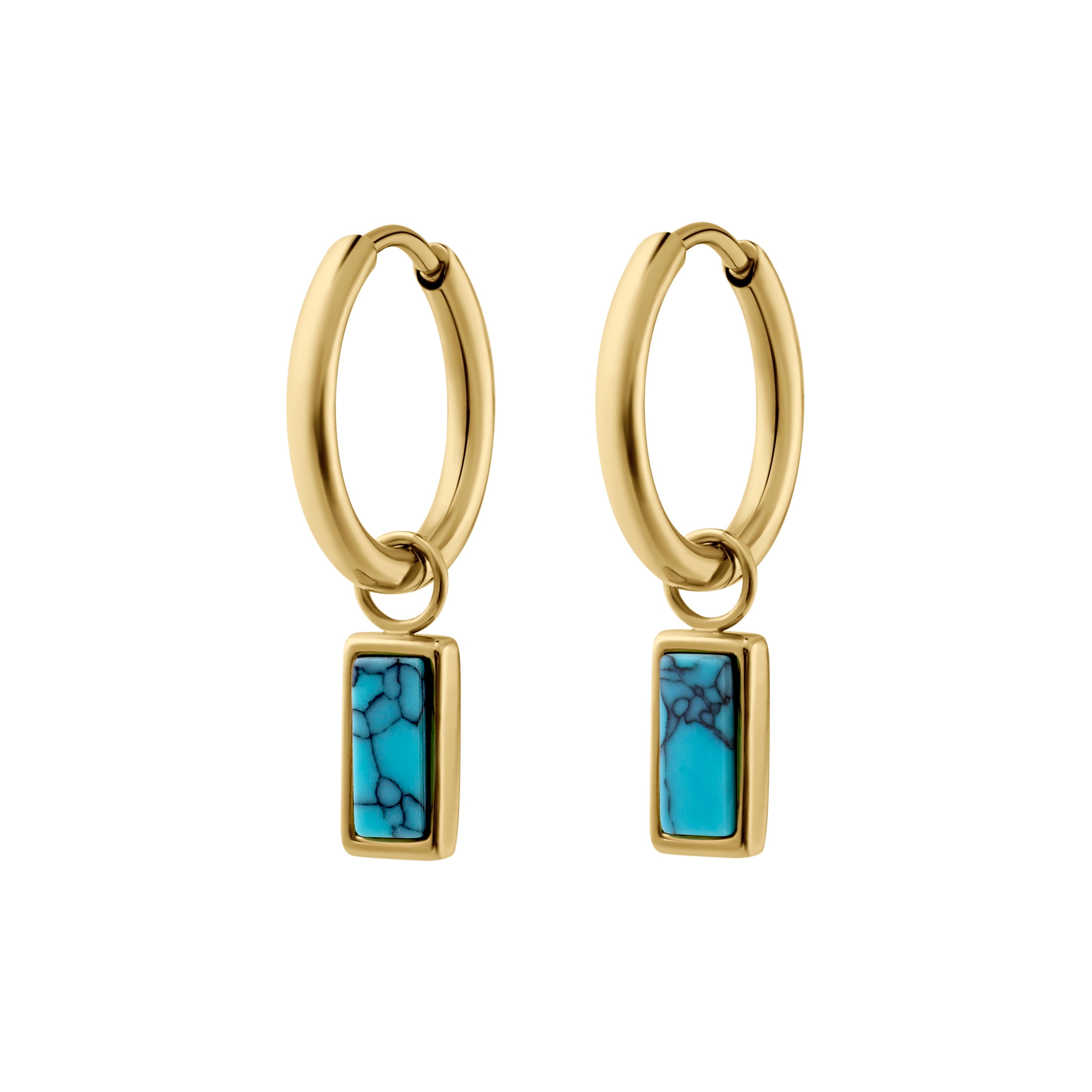 Gold hoop earrings with faux turquoise stone drops on a white background