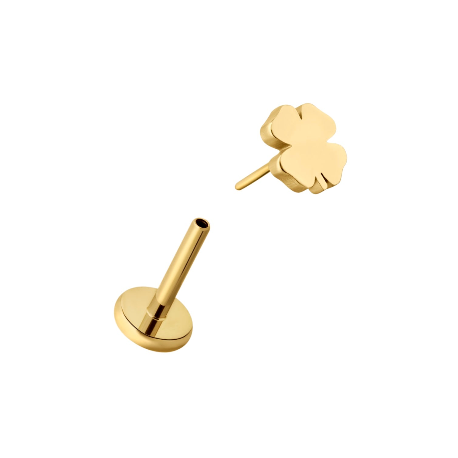 Diagram showing an open gold clover flat back stud. The front and back pieces are separated, with the front pin possessing a slight curve to it to demonstrate how flat back studs function.