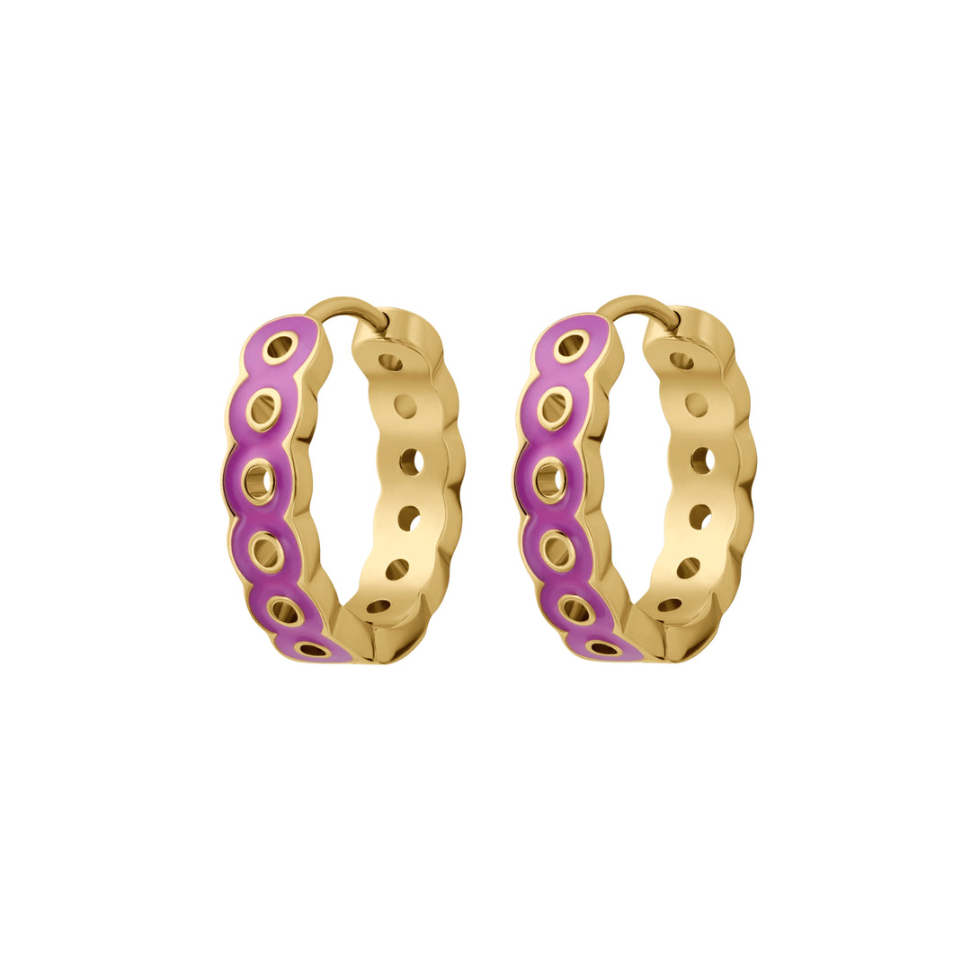 Gold hoop earrings with purple enamel accents on a white background