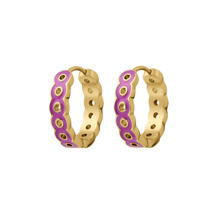 Gold hoop earrings with purple enamel accents on a white background