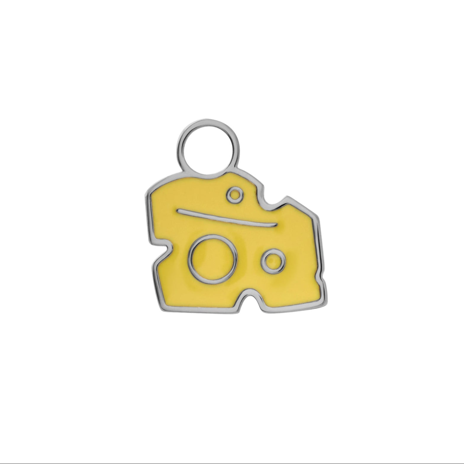 Titanium-colored charm shaped like a cheese wedge with yellow enamel on a white background