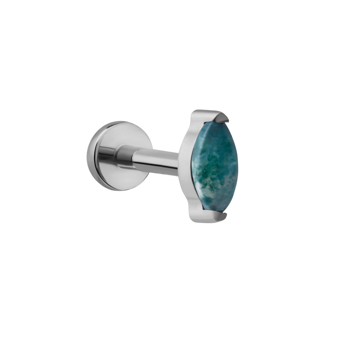 Silver earring with a green stone on a white background