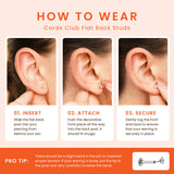 Instructions on how to wear flat back studs with a pink background and 'Cords Club' branding.