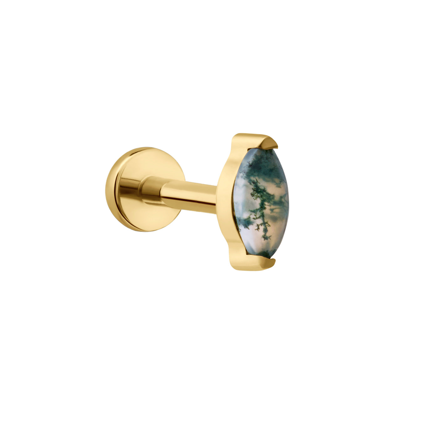 Gold earring with a green stone on a white background