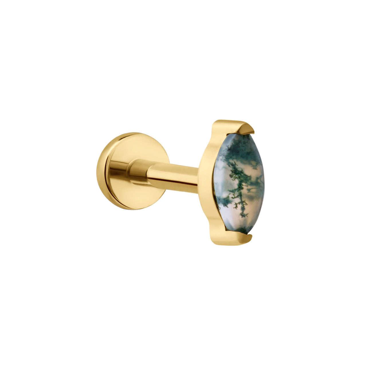 Gold earring with a green stone on a white background