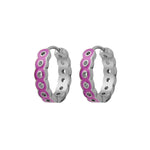 Pair of silver hoop earrings with purple accents on a white background