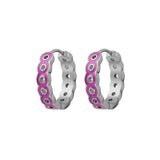Pair of silver hoop earrings with purple accents on a white background