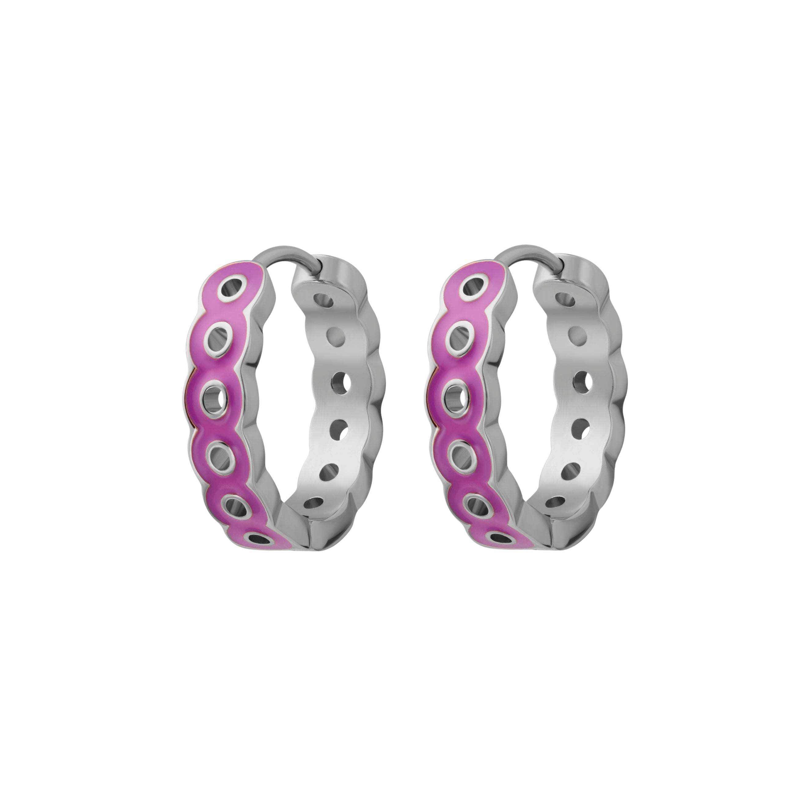 Pair of silver hoop earrings with purple accents on a white background