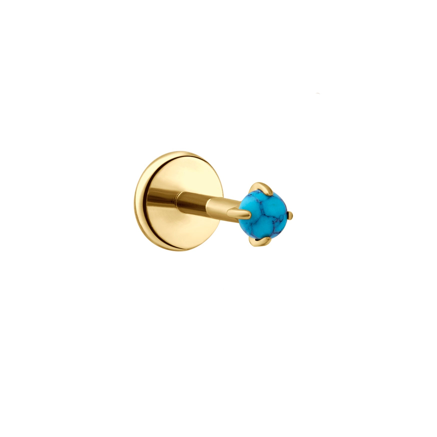 Gold flat back stud earring with a prong-set, blue faux turquoise stone on a white background