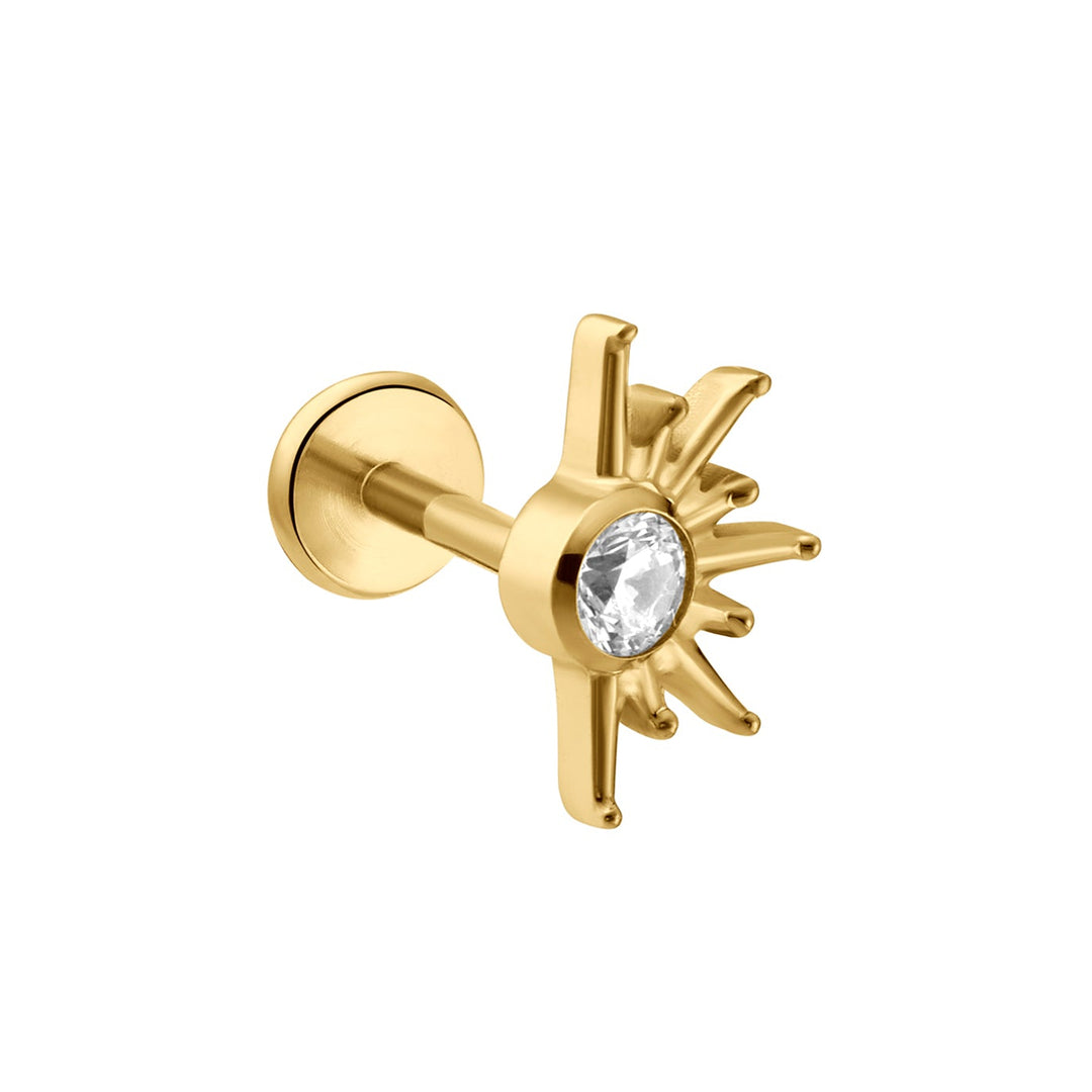 Gold flat back stud earring with a central gemstone on a white background