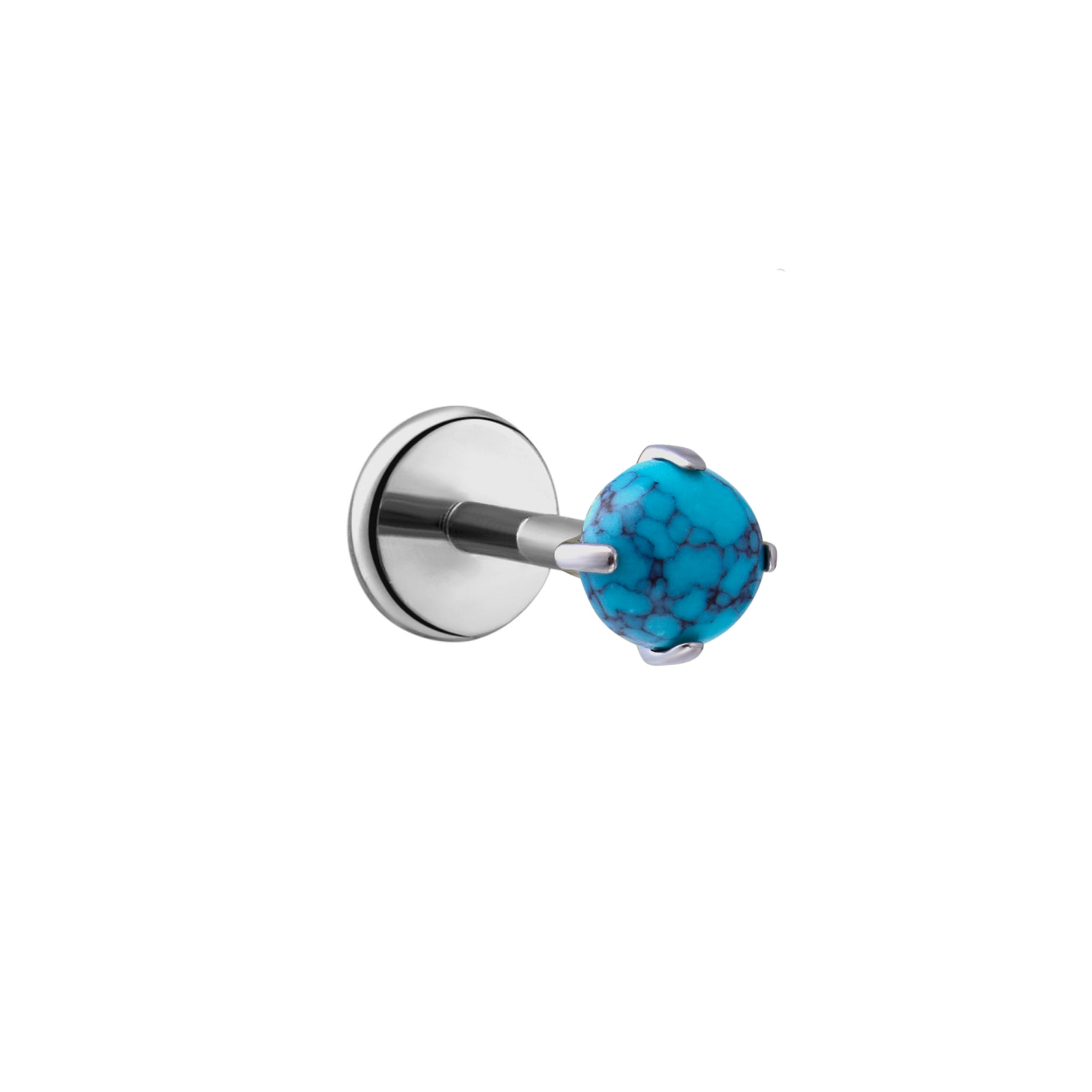 Silver titanium flat back stud earring with a prong-set, blue faux turquoise stone on a white background