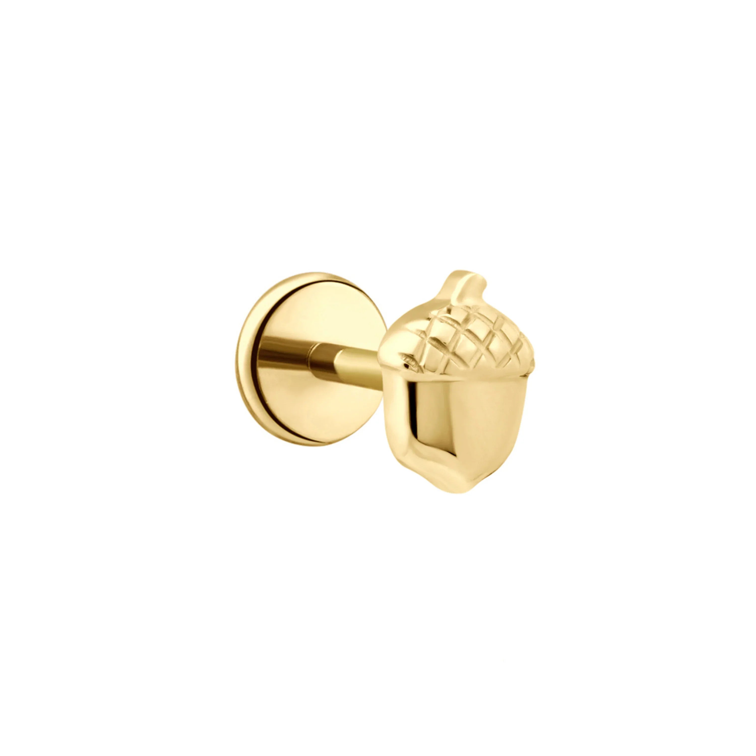 Gold-colored acorn-shaped flat back stud earring on a white background