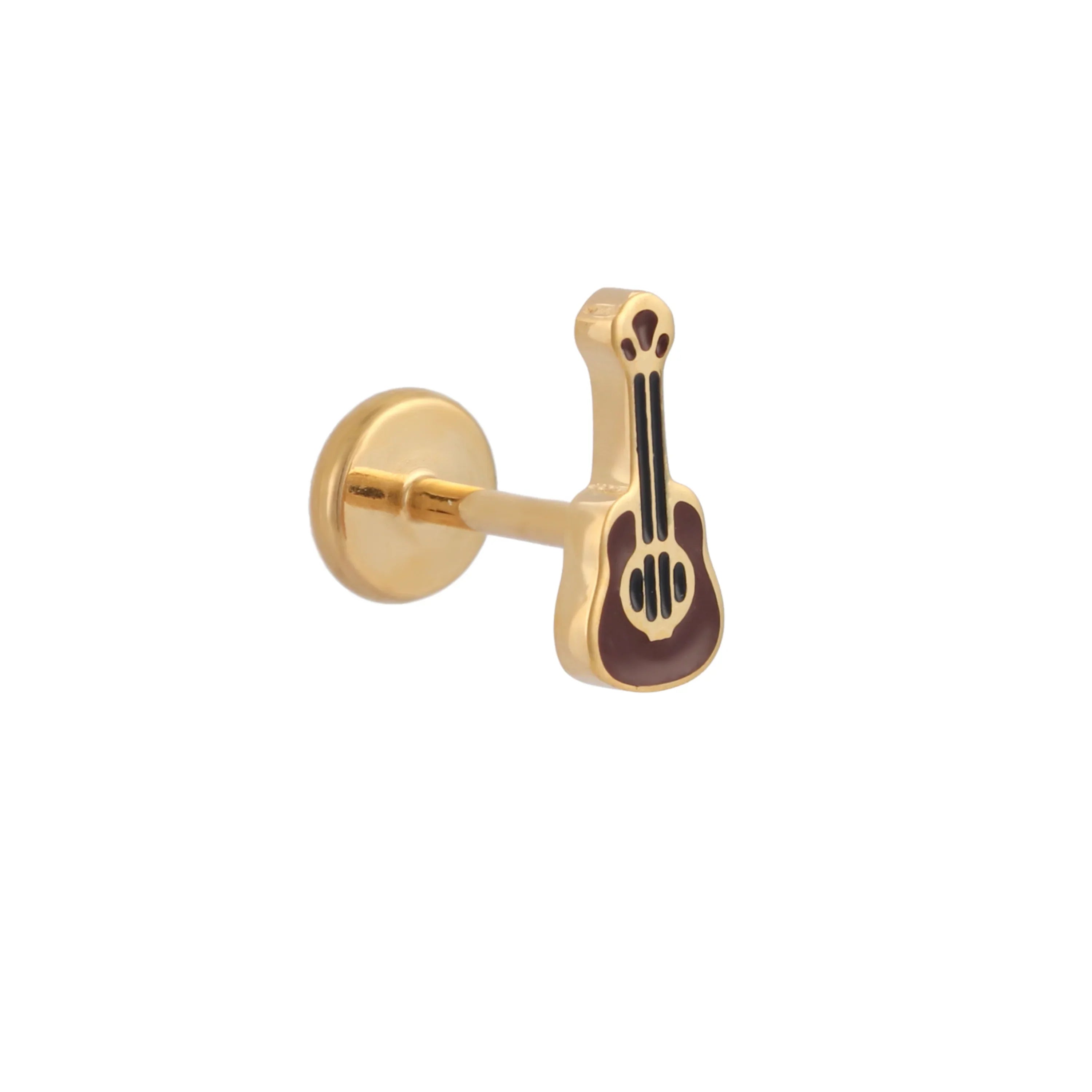 Gold and brown guitar-shaped enamel flat back stud earring on a white background