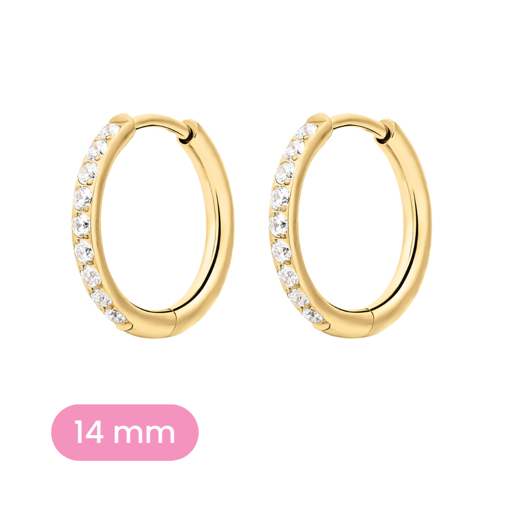 14mm gold and clear CZ hoop variant on a white background